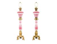 A Pair of White Opaque Cut-to-Cranberry Glass Fluid Lamps by Boston and Sandwich Glass Co., MA