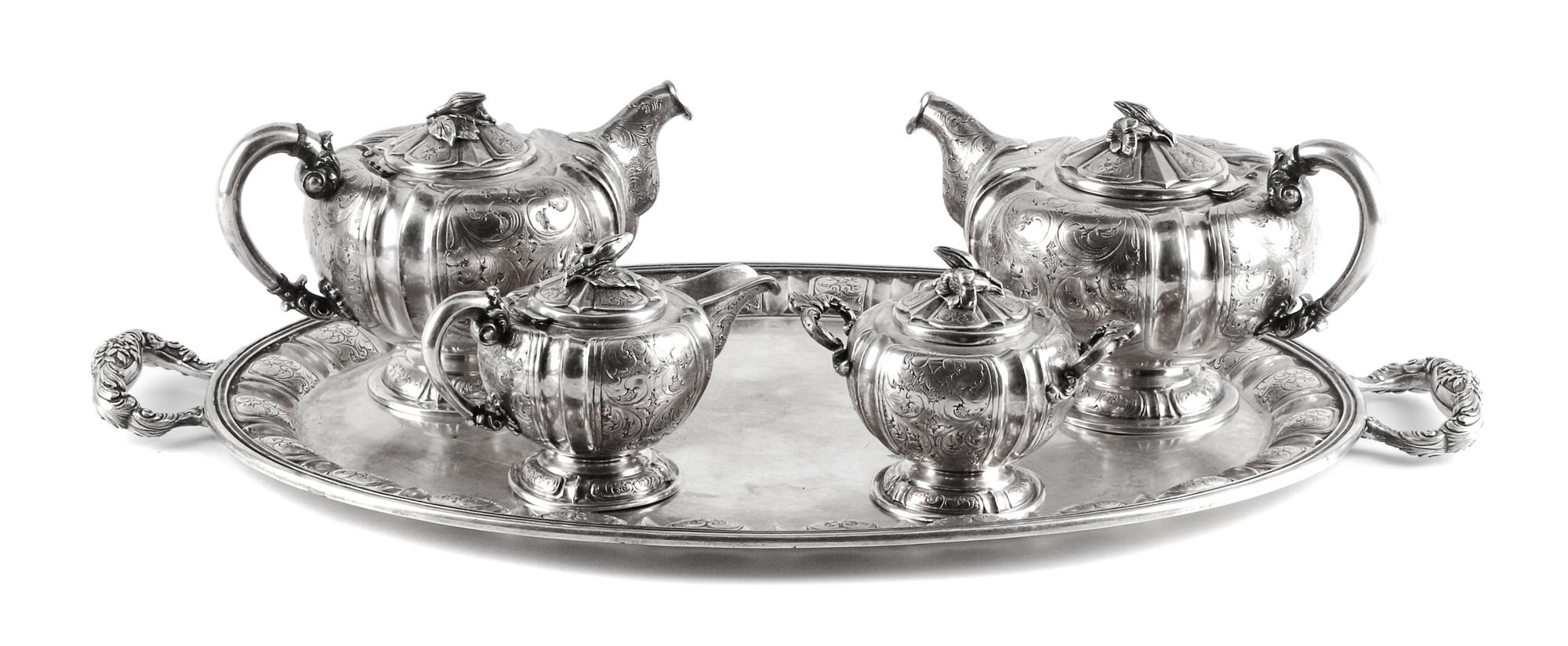 An Italian Silver Five-Piece Tea Service, Cappelli Fulvio, Florence, Mid-20th Century, comprising two teapots, creamer, covered sugar a