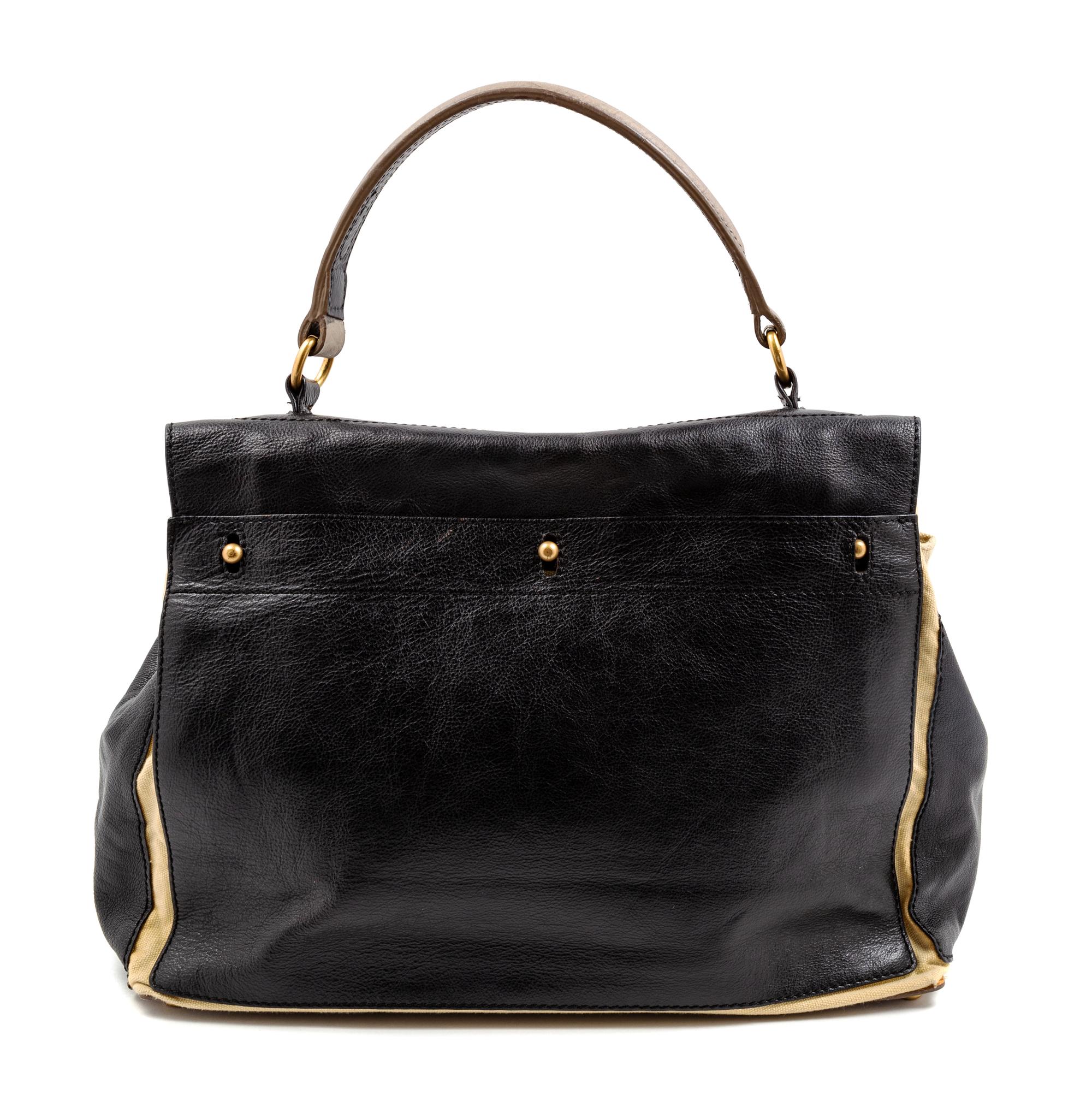 An Yves Saint Laurent Tri-Color Leather and Canvas Muse Bag, 11" H x 14" W x 6" D; Handle drop: 6".