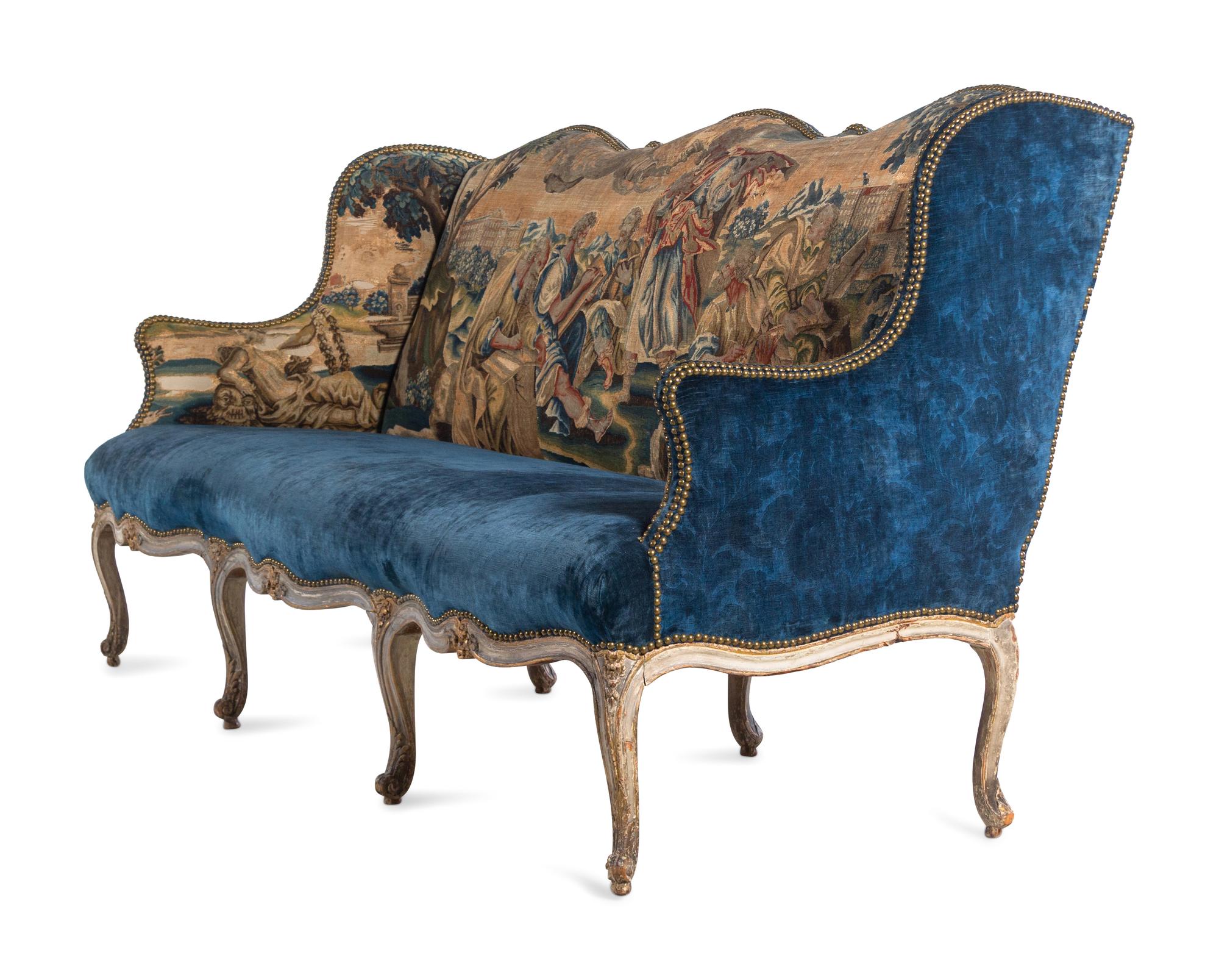 A Louis XV Painted Canapé with Needlepoint Tapestry Upholstery
