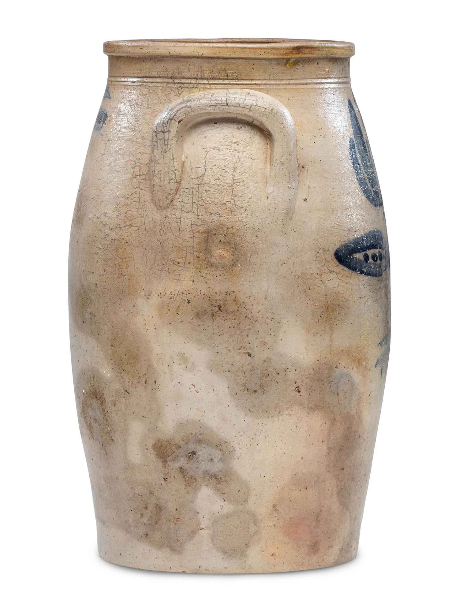 A Sawyer & Smith Three Gallon Cobalt Decorated Stoneware Crock