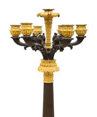 A Pair of Charles X Gilt and Patinated Bronze Seven-Light Candelabra