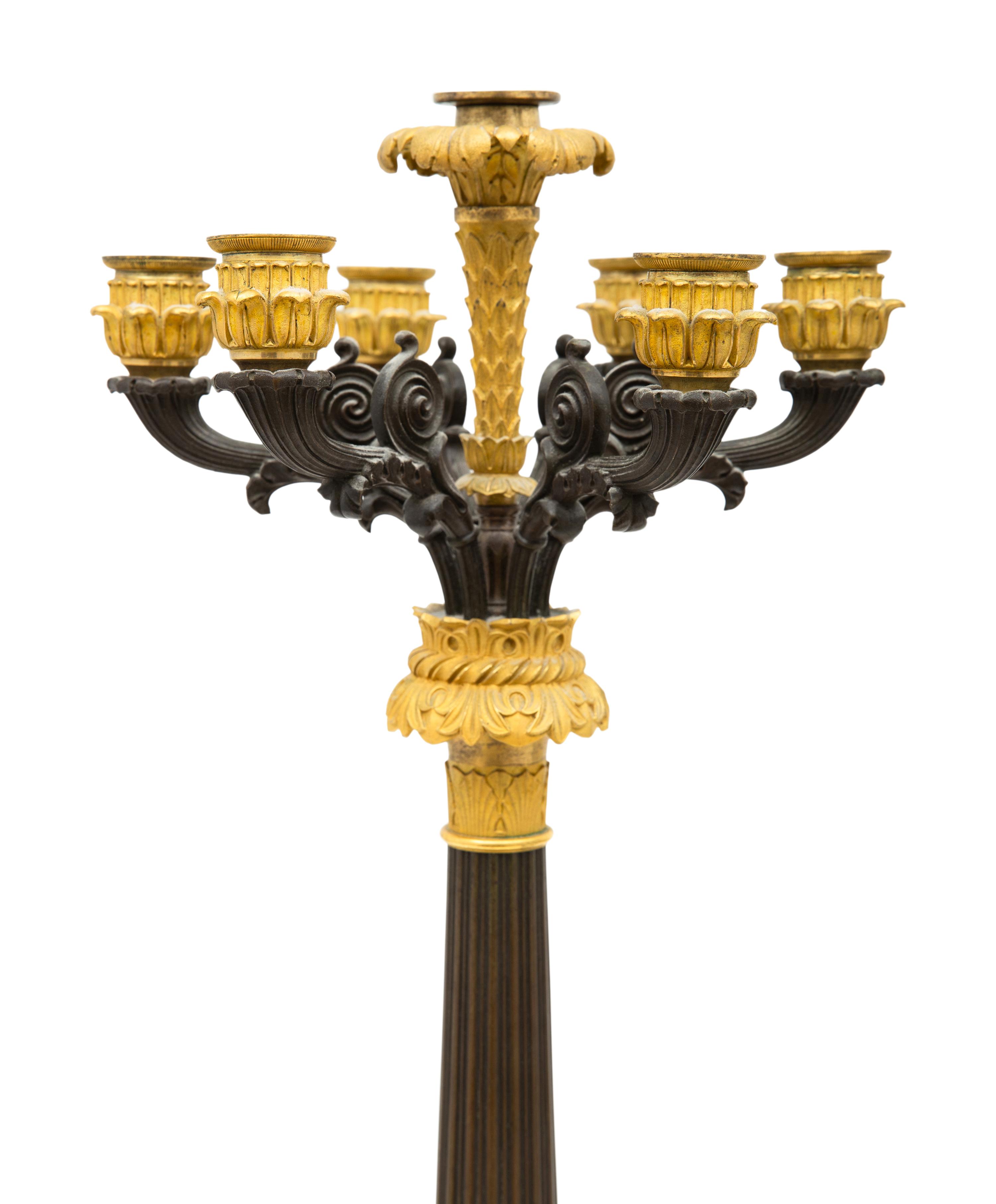A Pair of Charles X Gilt and Patinated Bronze Seven-Light Candelabra