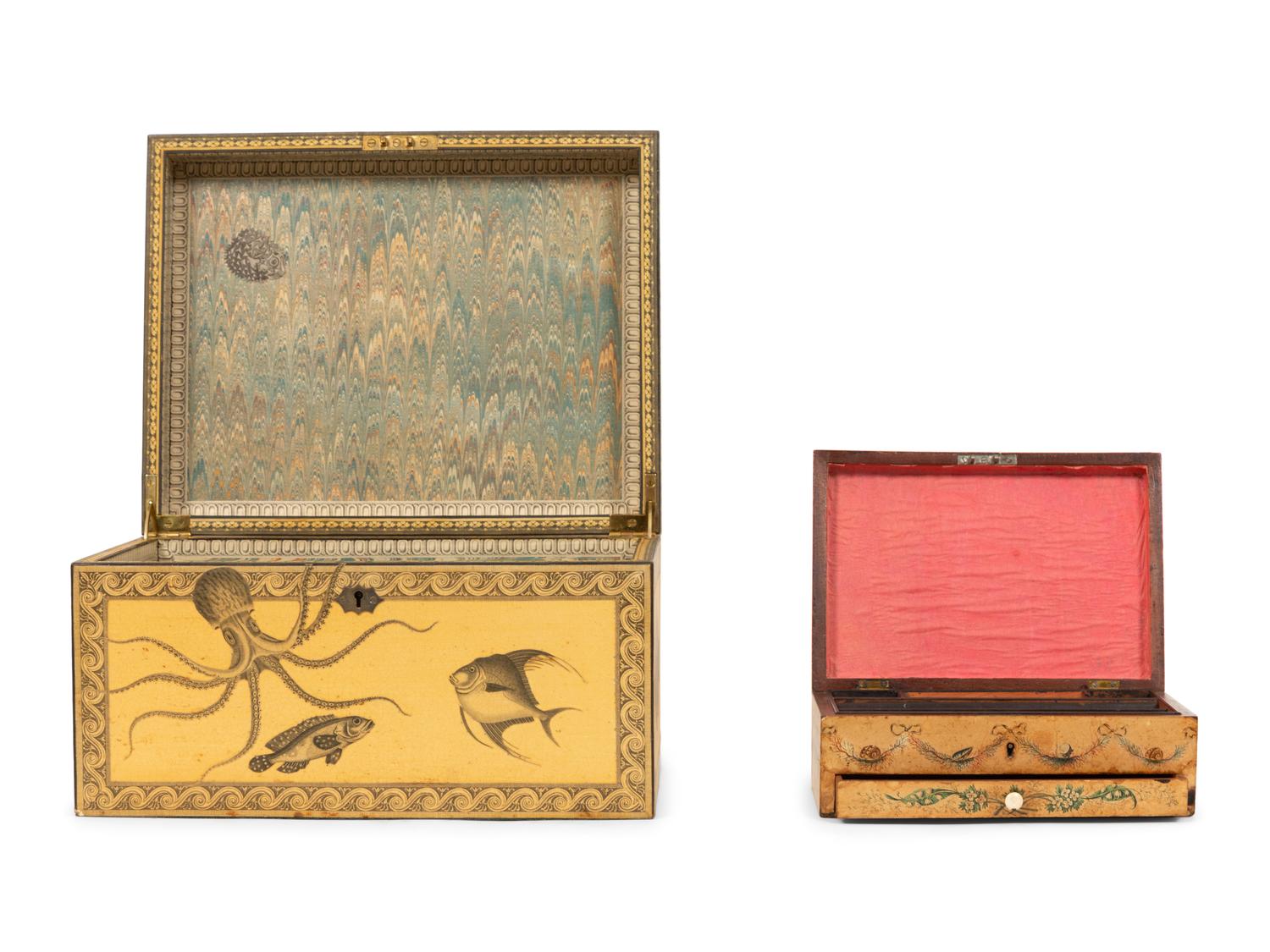 A Large Decoupaged Locking Document Box and a Painted Collaged Writing Box