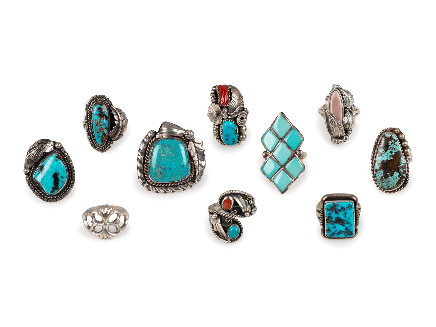 Navajo and Zuni Rings, with Various Inlaid Stones