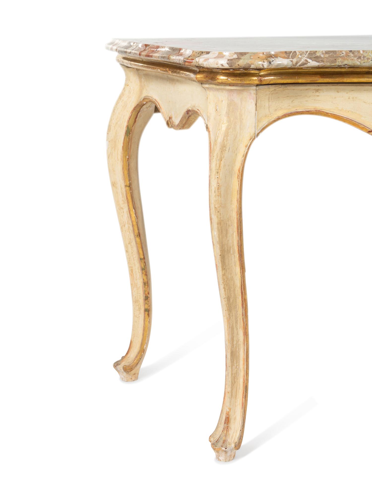 A Pair of Italian Painted and Parcel-Gilt Marble-Top Console Tables