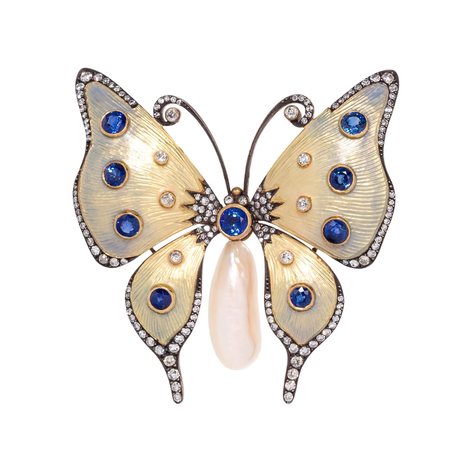 EVELYN CLOTHIER, DIAMOND, SAPPHIRE, CULTURED BAROQUE PEARL AND ENAMEL BUTTERLY BROOCH
