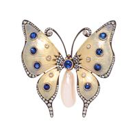 EVELYN CLOTHIER, DIAMOND, SAPPHIRE, CULTURED BAROQUE PEARL AND ENAMEL BUTTERLY BROOCH