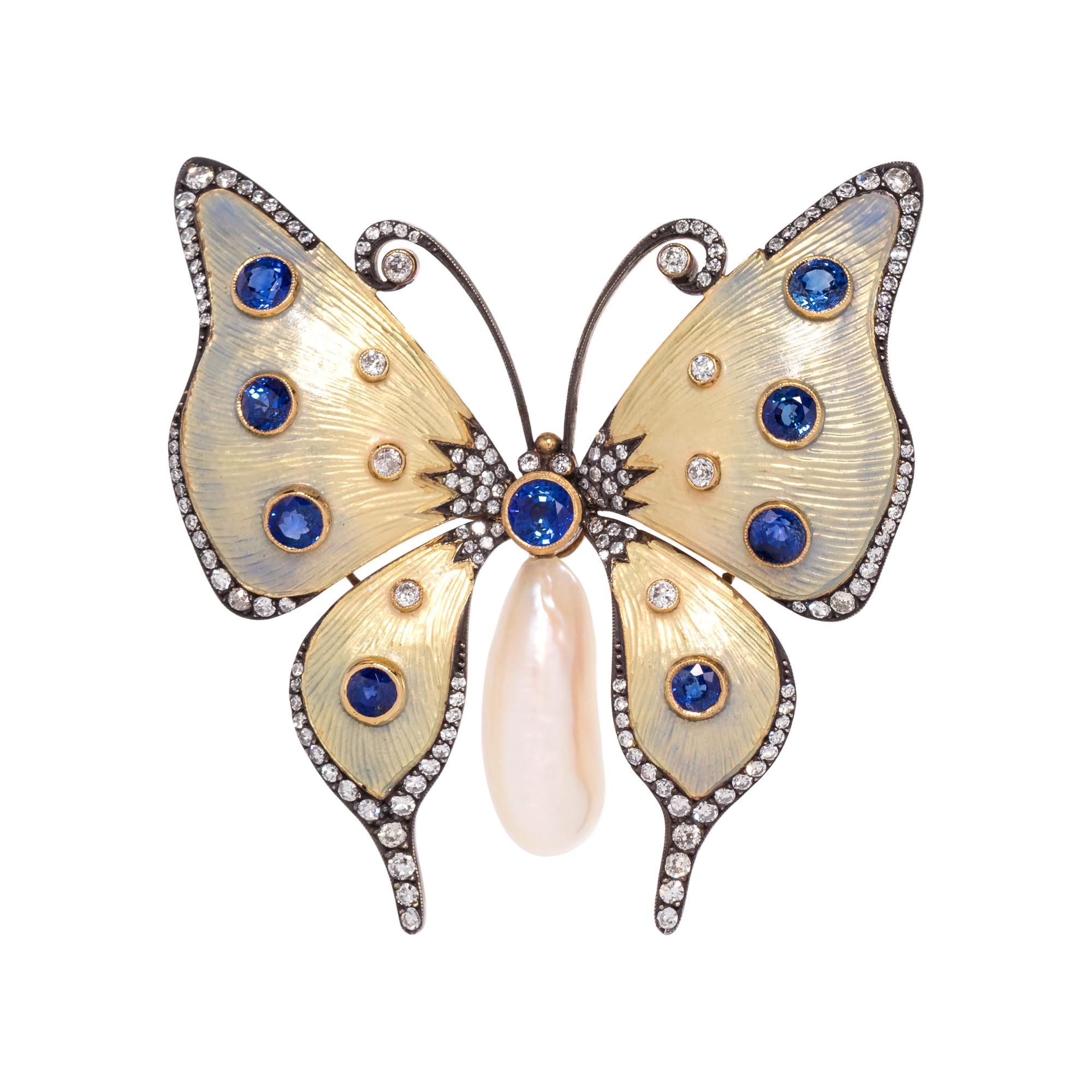 EVELYN CLOTHIER, DIAMOND, SAPPHIRE, CULTURED BAROQUE PEARL AND ENAMEL BUTTERLY BROOCH