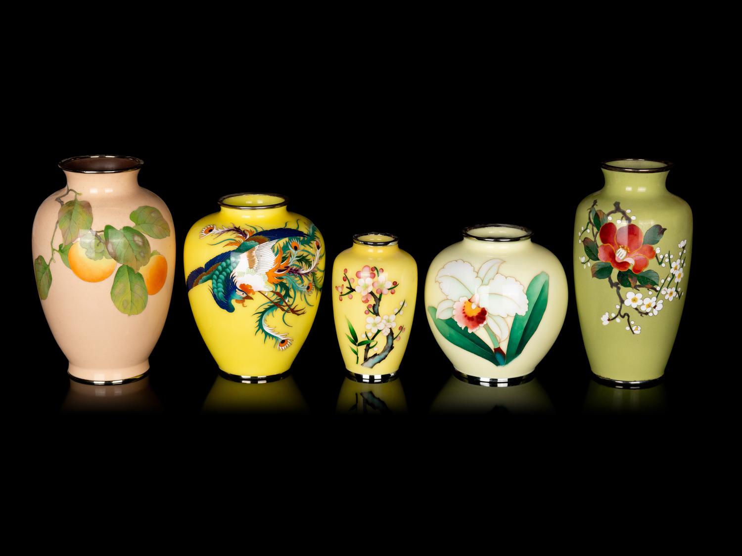 Five Japanese Yellow Ground Cloisonné Vases