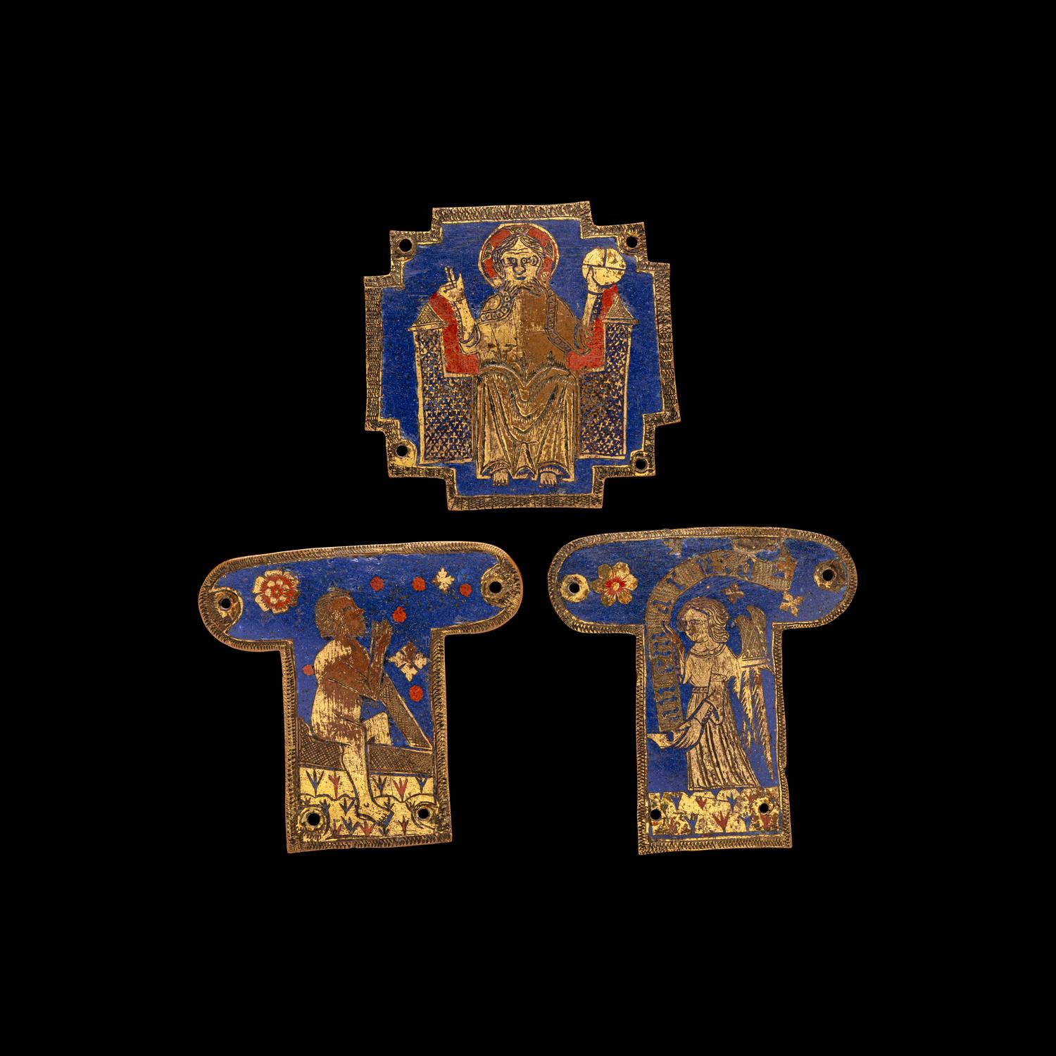Three Spanish Champlevé and Gilt-Copper Plaques from a Processional Cross