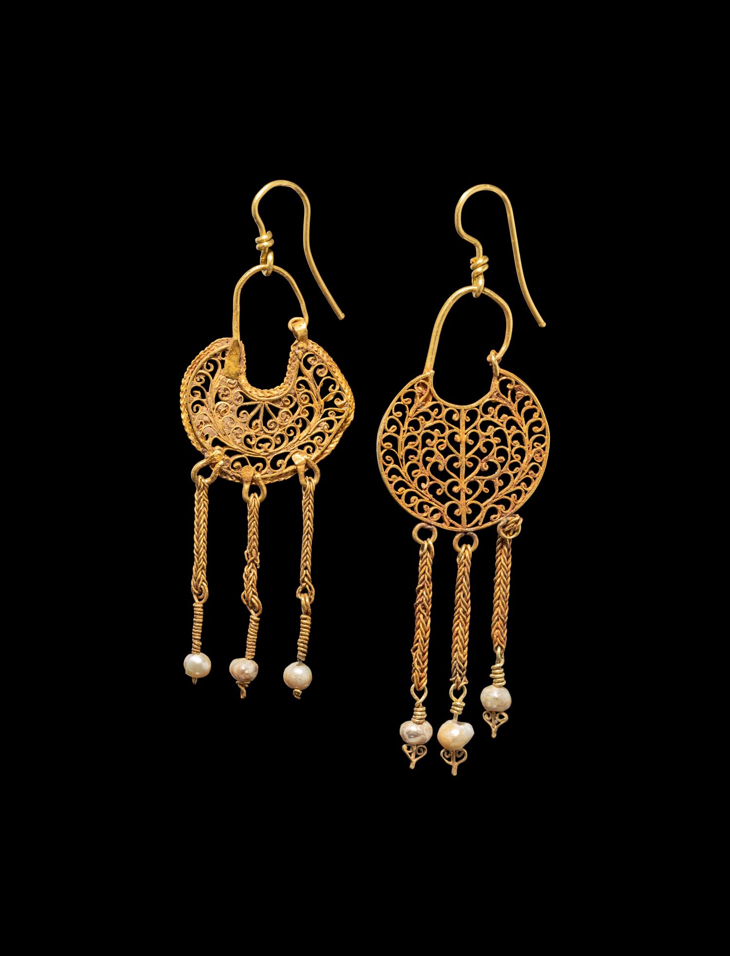 A Pair of Byzantine Gold and Pearl Openwork Earrings