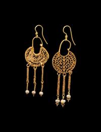 A Pair of Byzantine Gold and Pearl Openwork Earrings
