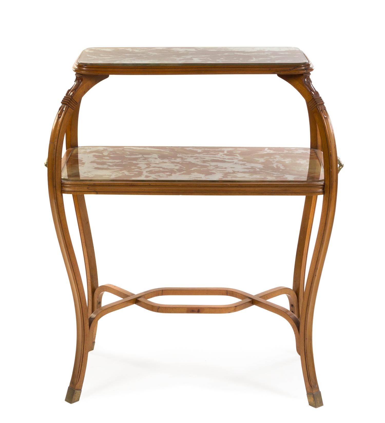 A French Art Nouveau Fruitwood Etagere Height 41 x width 36 x depth 19 inches.