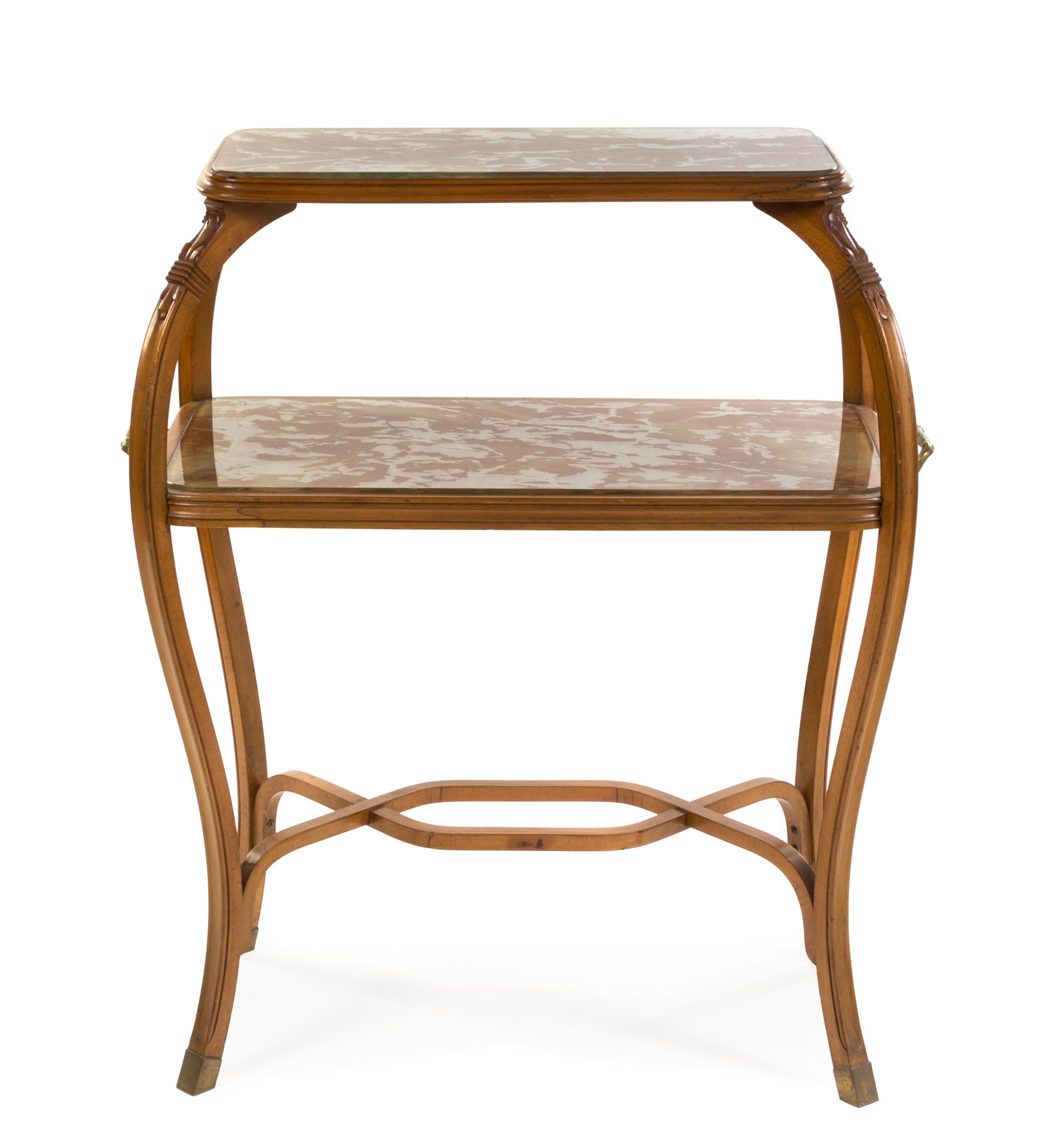 A French Art Nouveau Fruitwood Etagere Height 41 x width 36 x depth 19 inches.