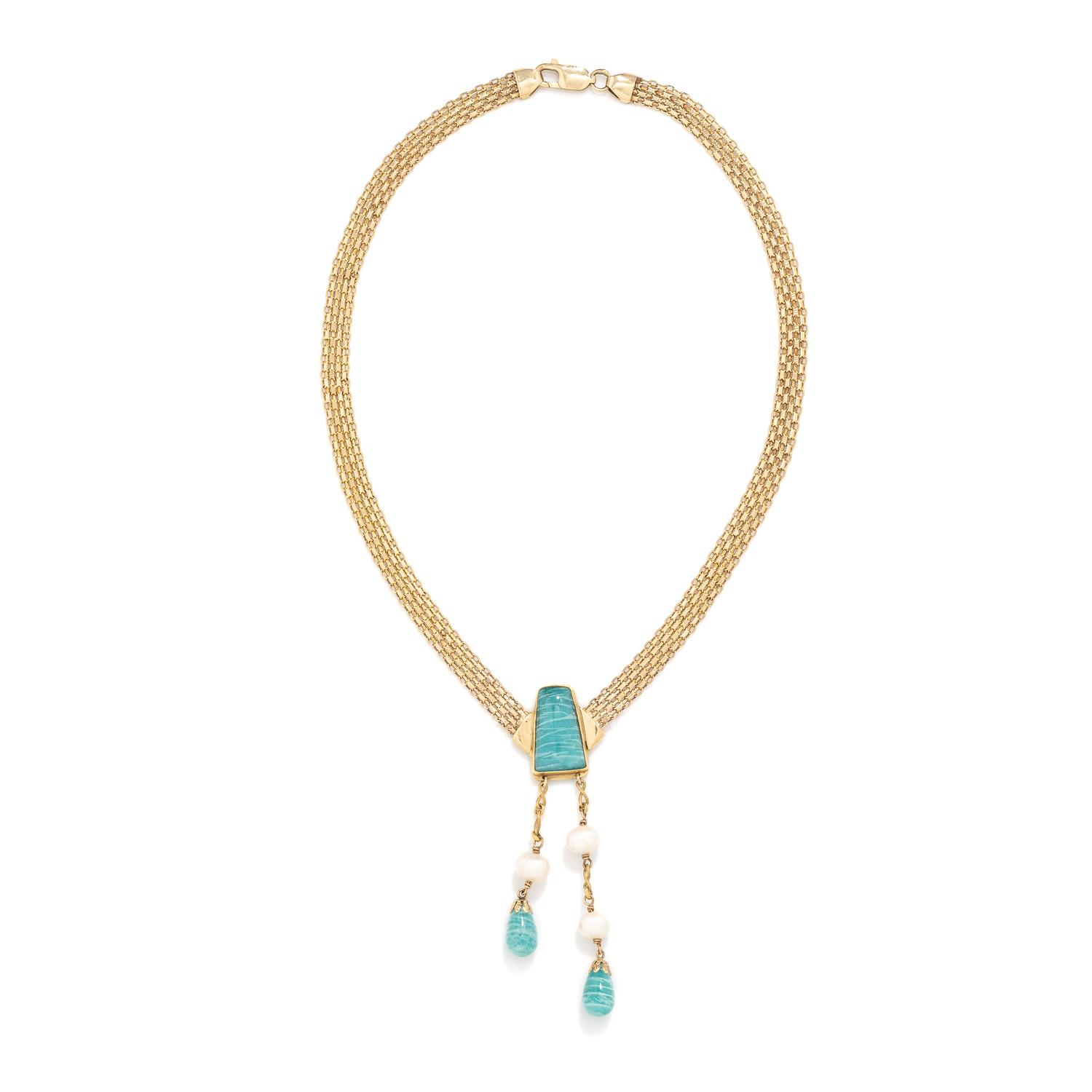 AMAZONITE, CULTURED PEARL, AND YELLOW GOLD NECKLACE