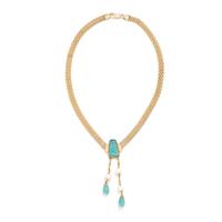 AMAZONITE, CULTURED PEARL, AND YELLOW GOLD NECKLACE