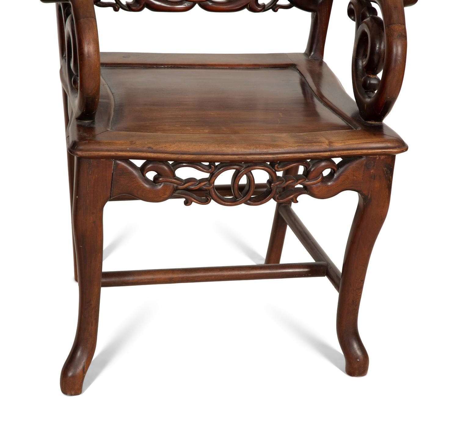 A Pair of Chinese Marble-Inset Hardwood Armchairs