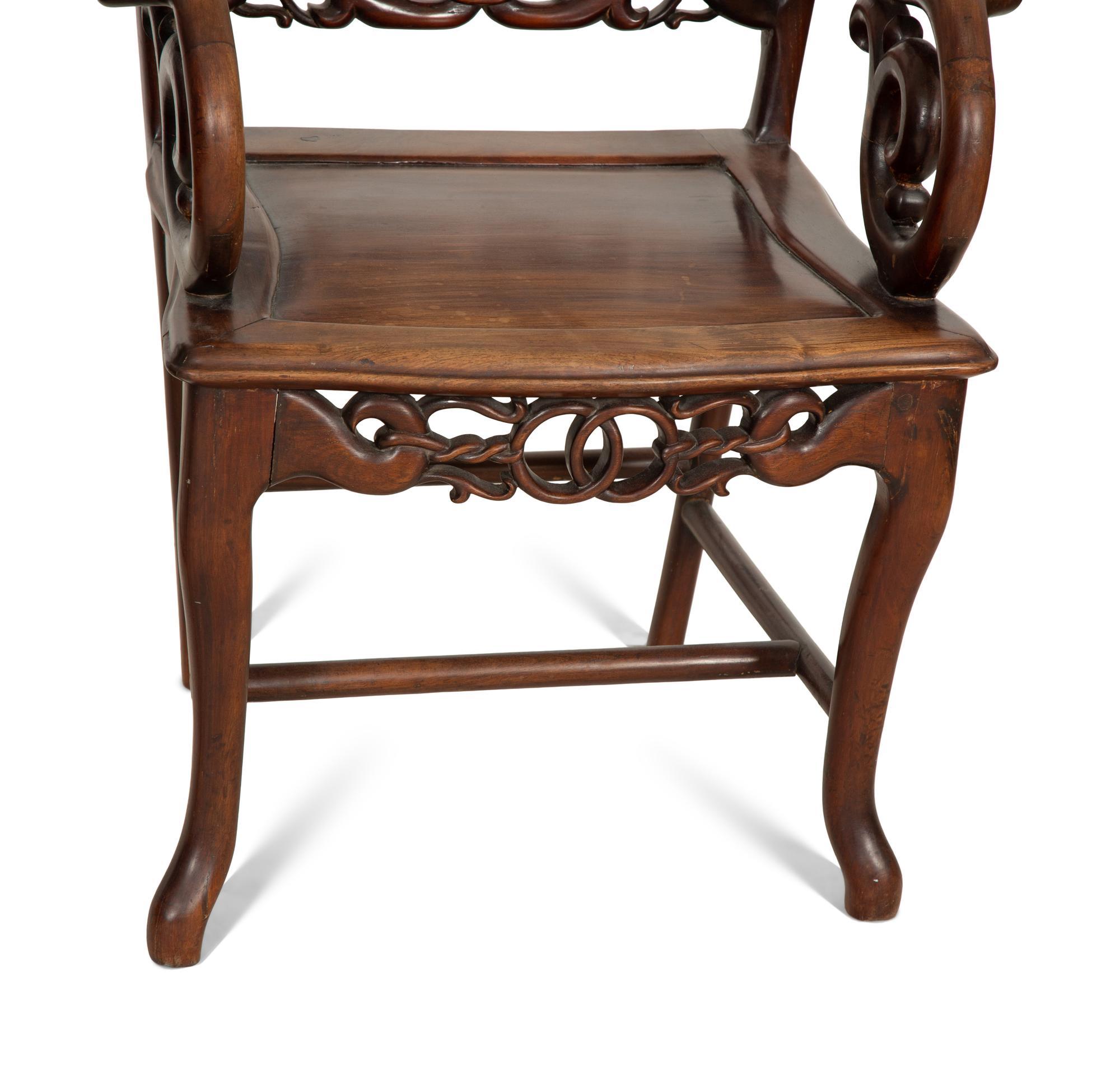 A Pair of Chinese Marble-Inset Hardwood Armchairs