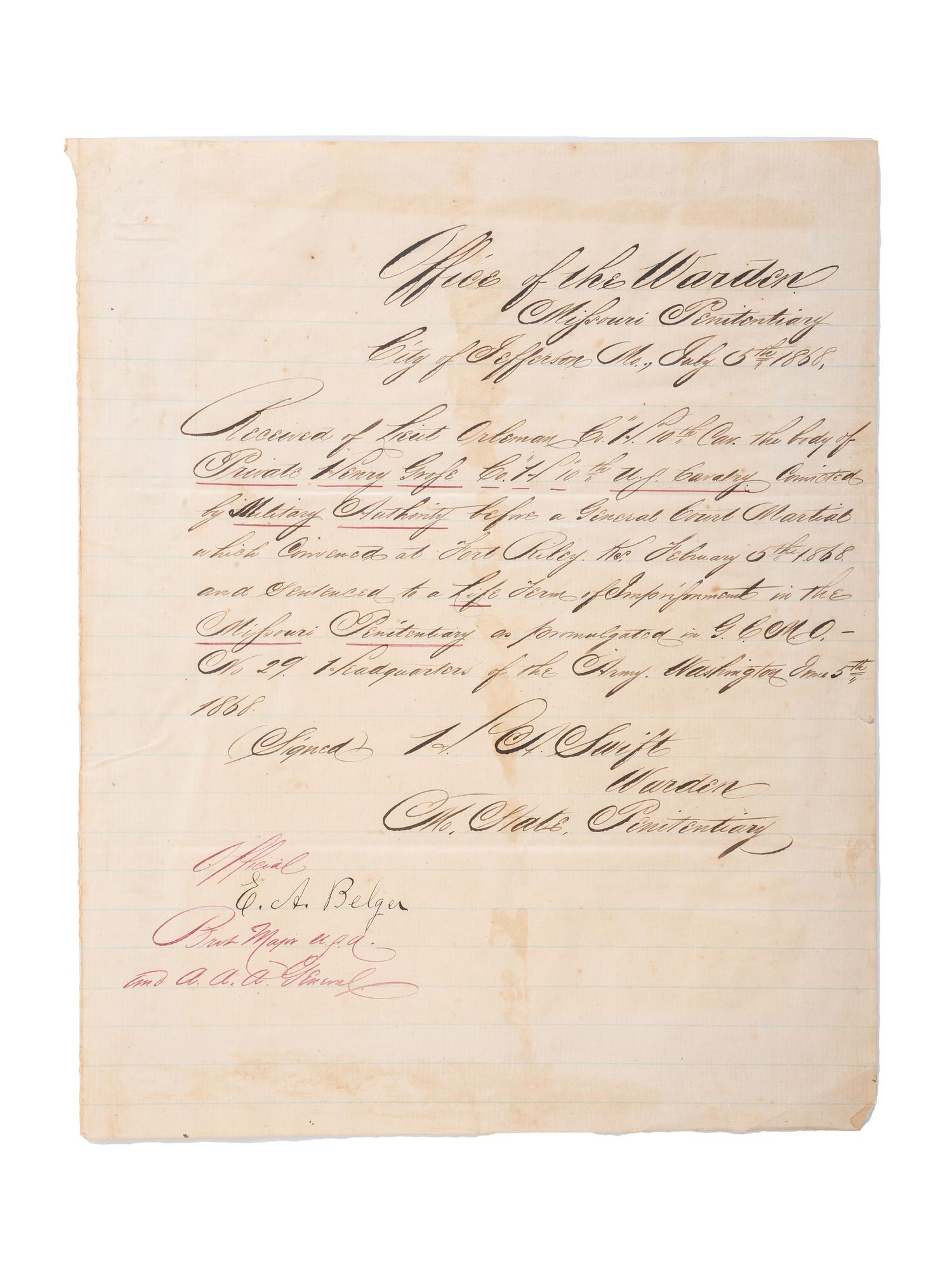[BUFFALO SOLDIERS]. SWIFT, H.A. Autograph letter signed (" H.A. Swift), as Warden of the Missouri State Penitentiary. Jefferson City, MO, 5 July 1868.
