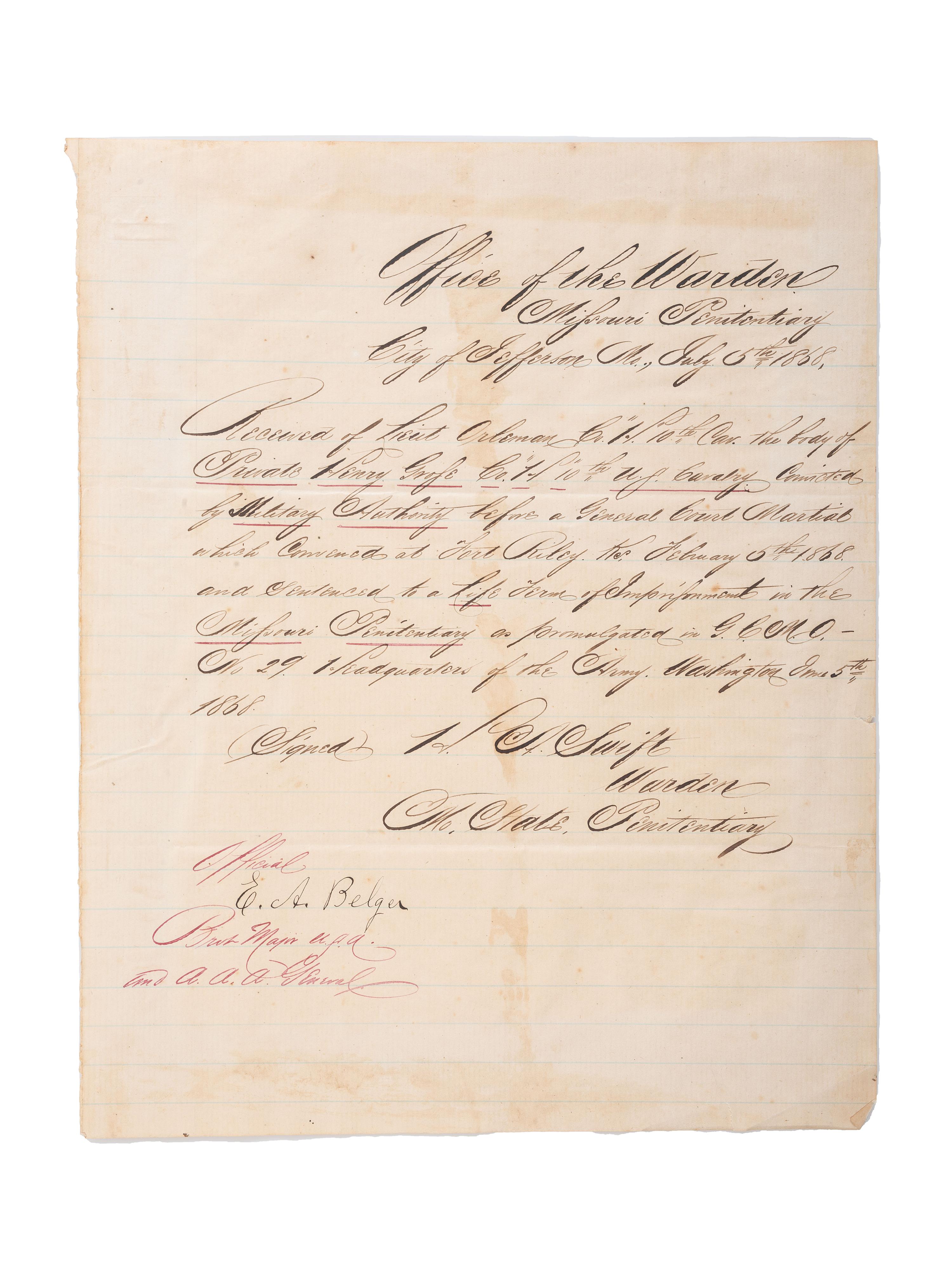 [BUFFALO SOLDIERS]. SWIFT, H.A. Autograph letter signed (" H.A. Swift), as Warden of the Missouri State Penitentiary. Jefferson City, MO, 5 July 1868.