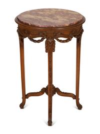 Two Louis XVI Style Carved Walnut Side Tables with Inset Marble Tops