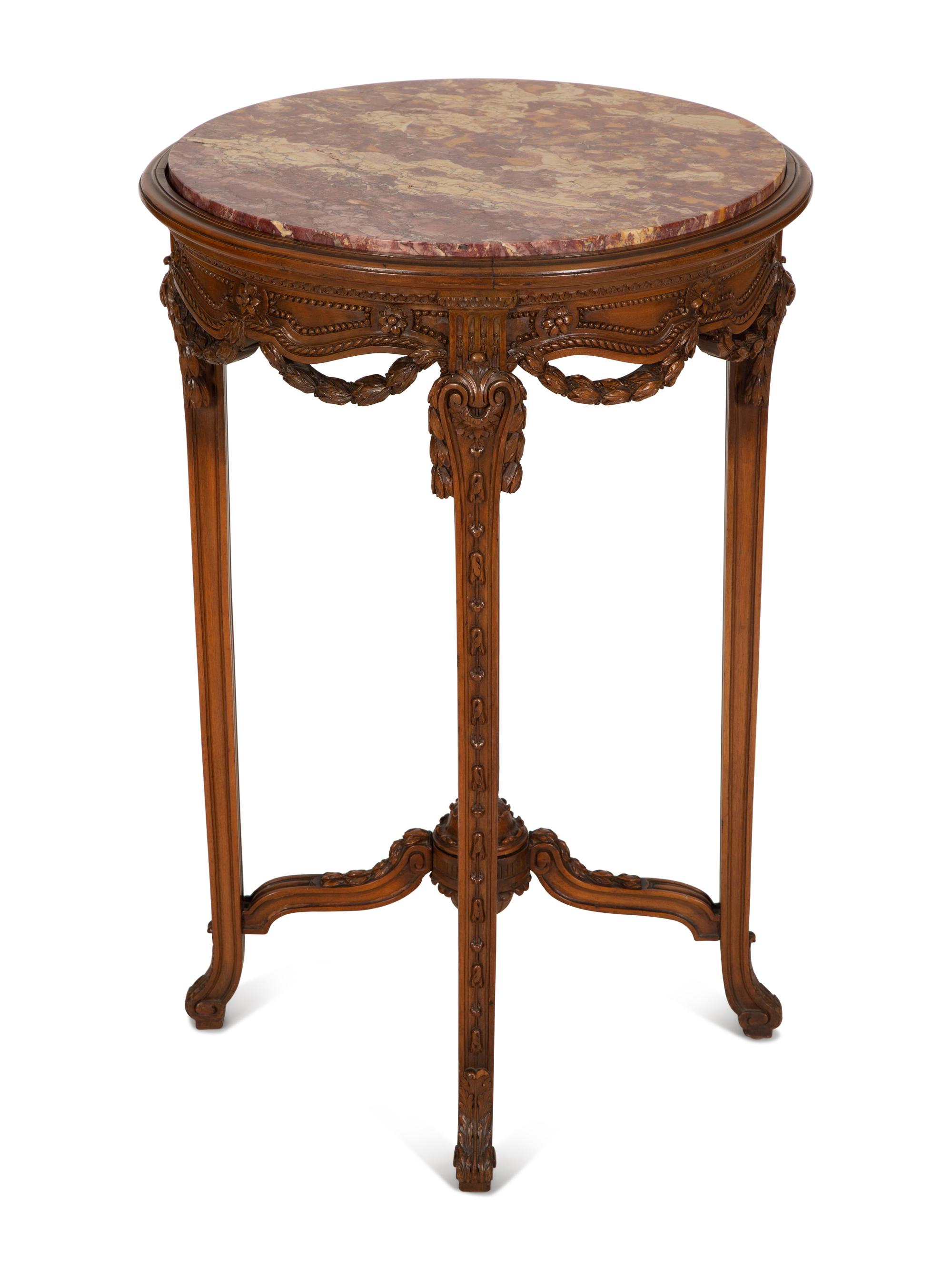 Two Louis XVI Style Carved Walnut Side Tables with Inset Marble Tops