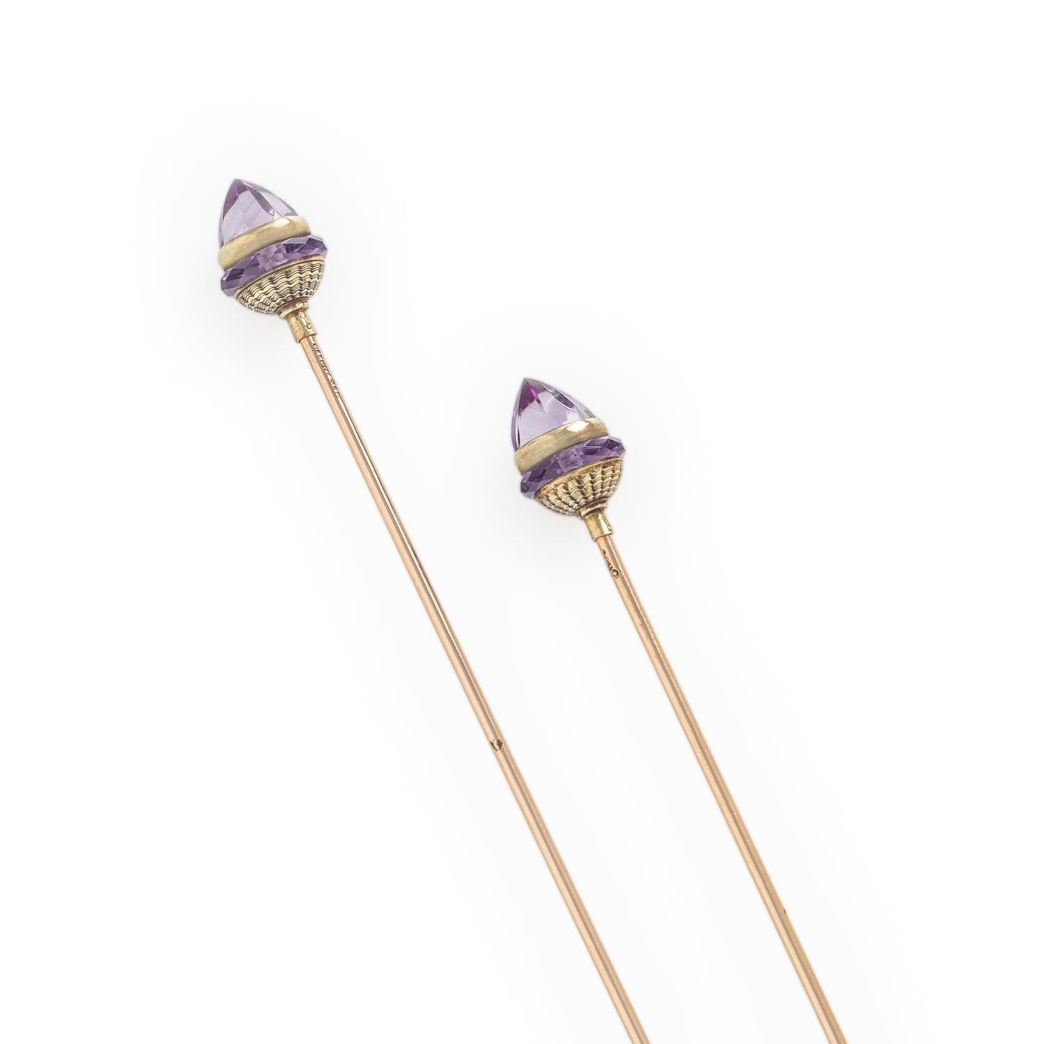 Tiffany & Co., A Pair of Amethyst and Yellow Gold Hat Pins