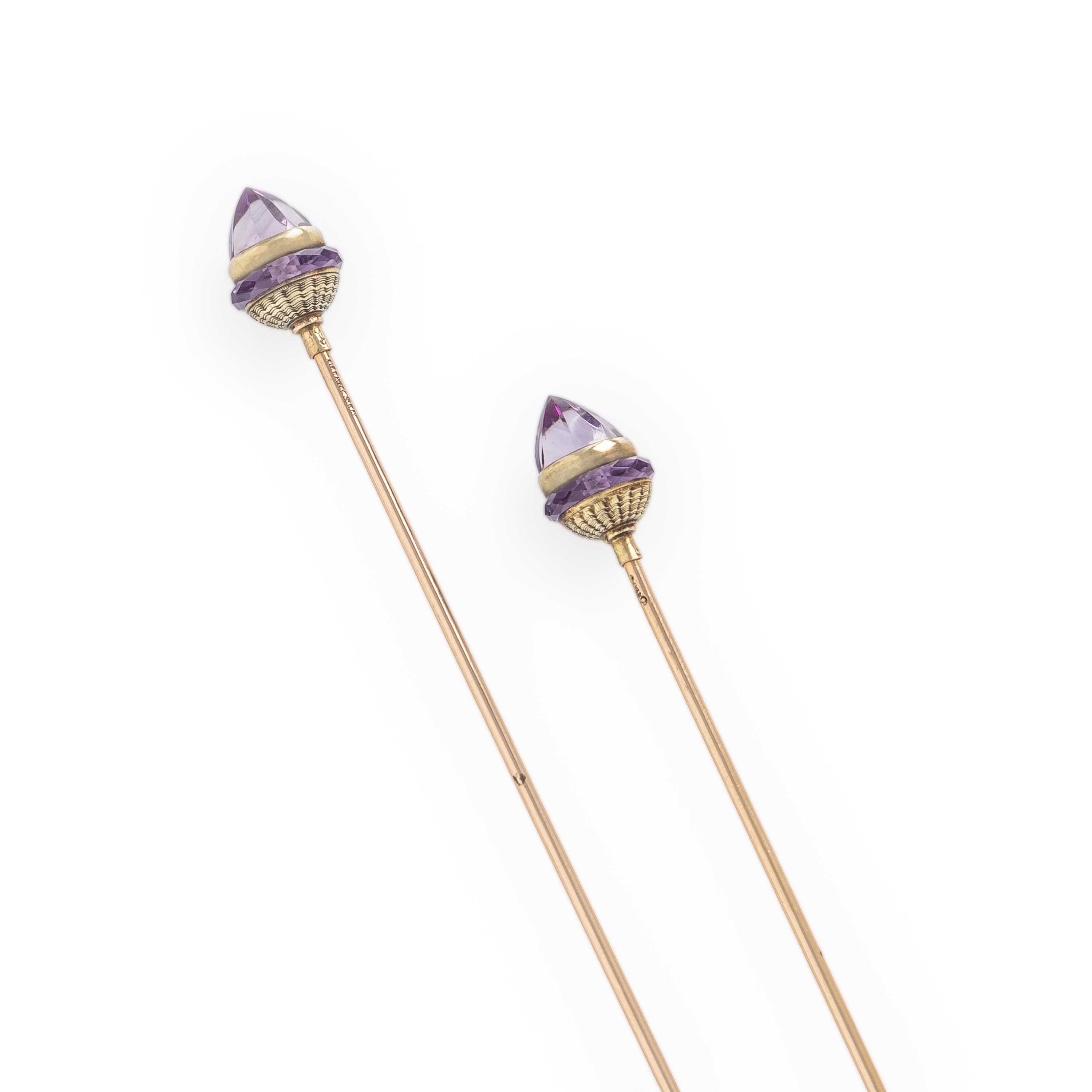 Tiffany & Co., A Pair of Amethyst and Yellow Gold Hat Pins