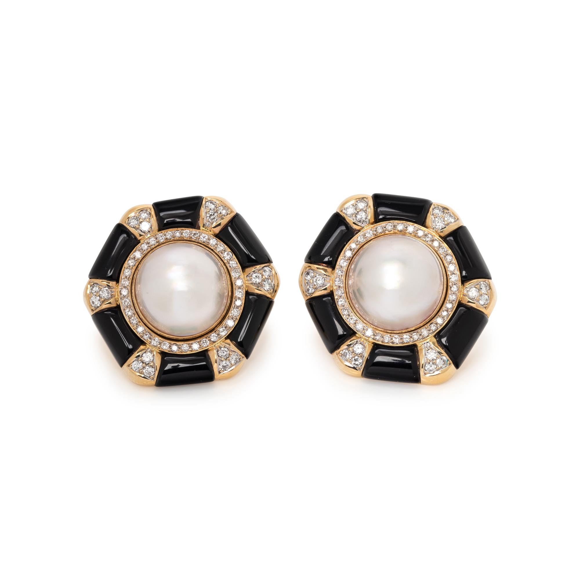 CONVERTIBLE CULTURED MABE PEARL, DIAMOND AND ENAMEL EARRINGS