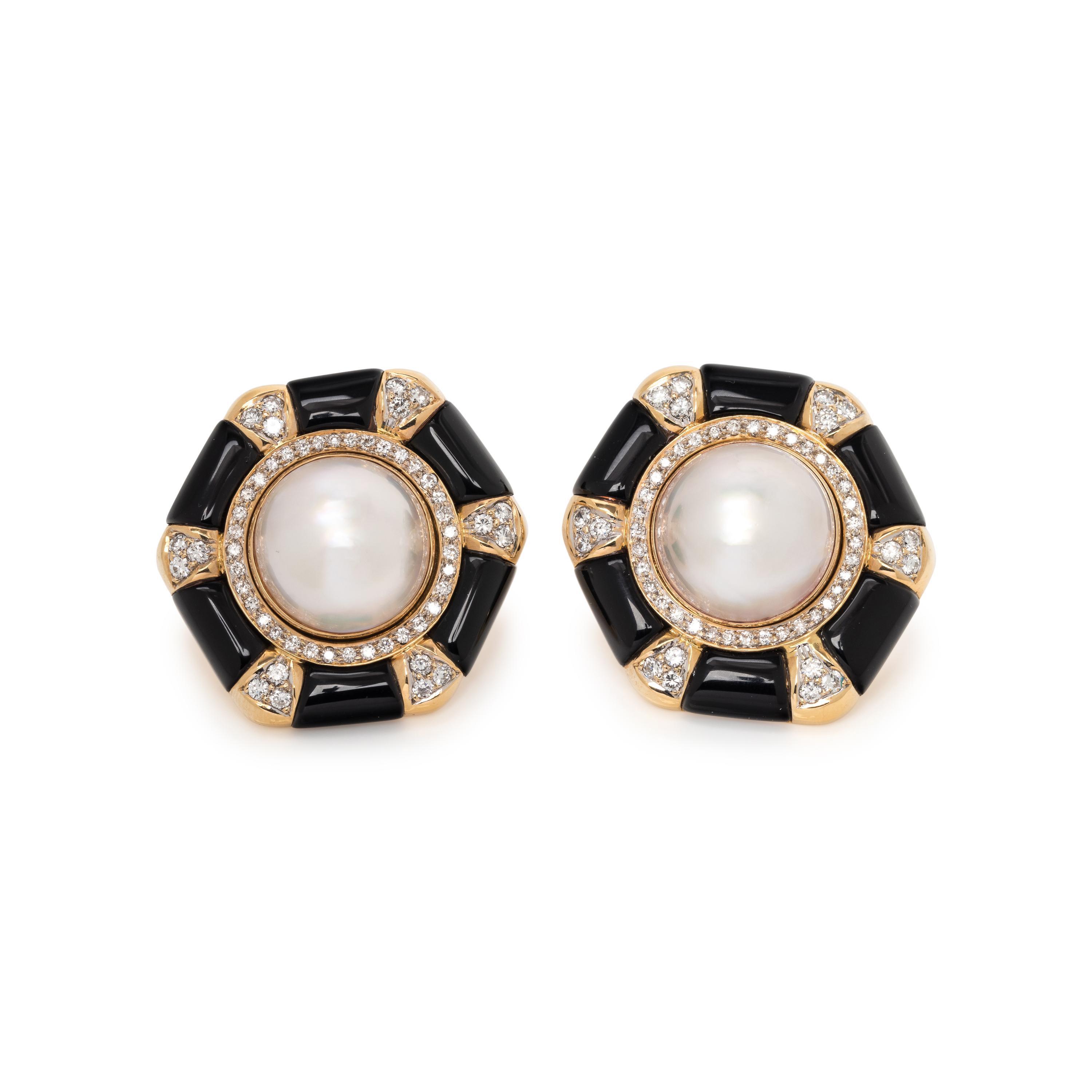 CONVERTIBLE CULTURED MABE PEARL, DIAMOND AND ENAMEL EARRINGS