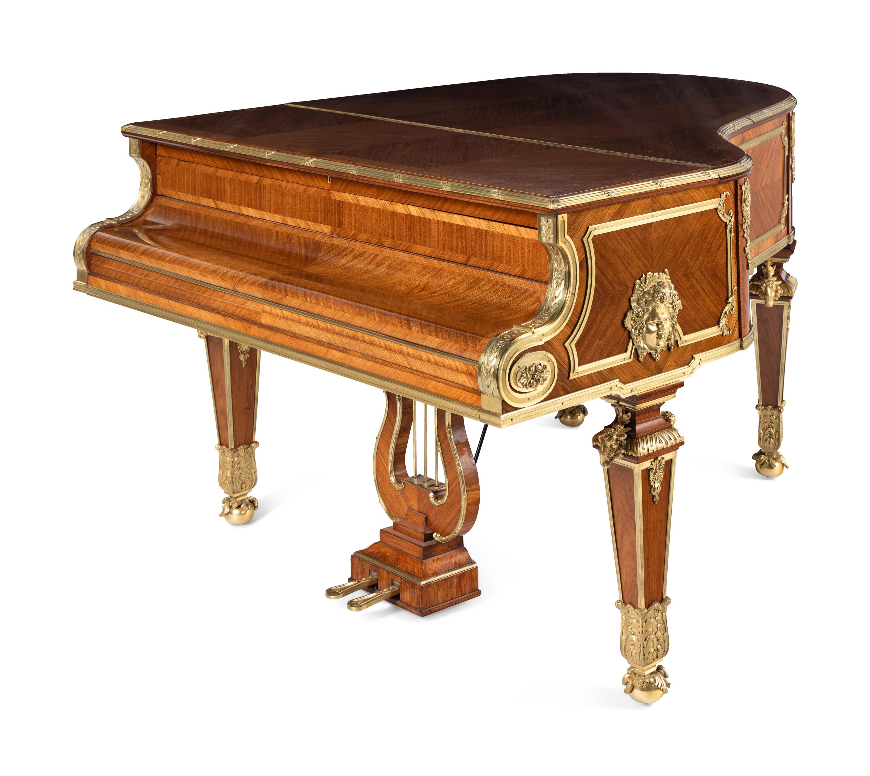 A Régence Style Gilt Bronze Mounted Mahogany, Kingwood and Tulipwood Grand Piano
