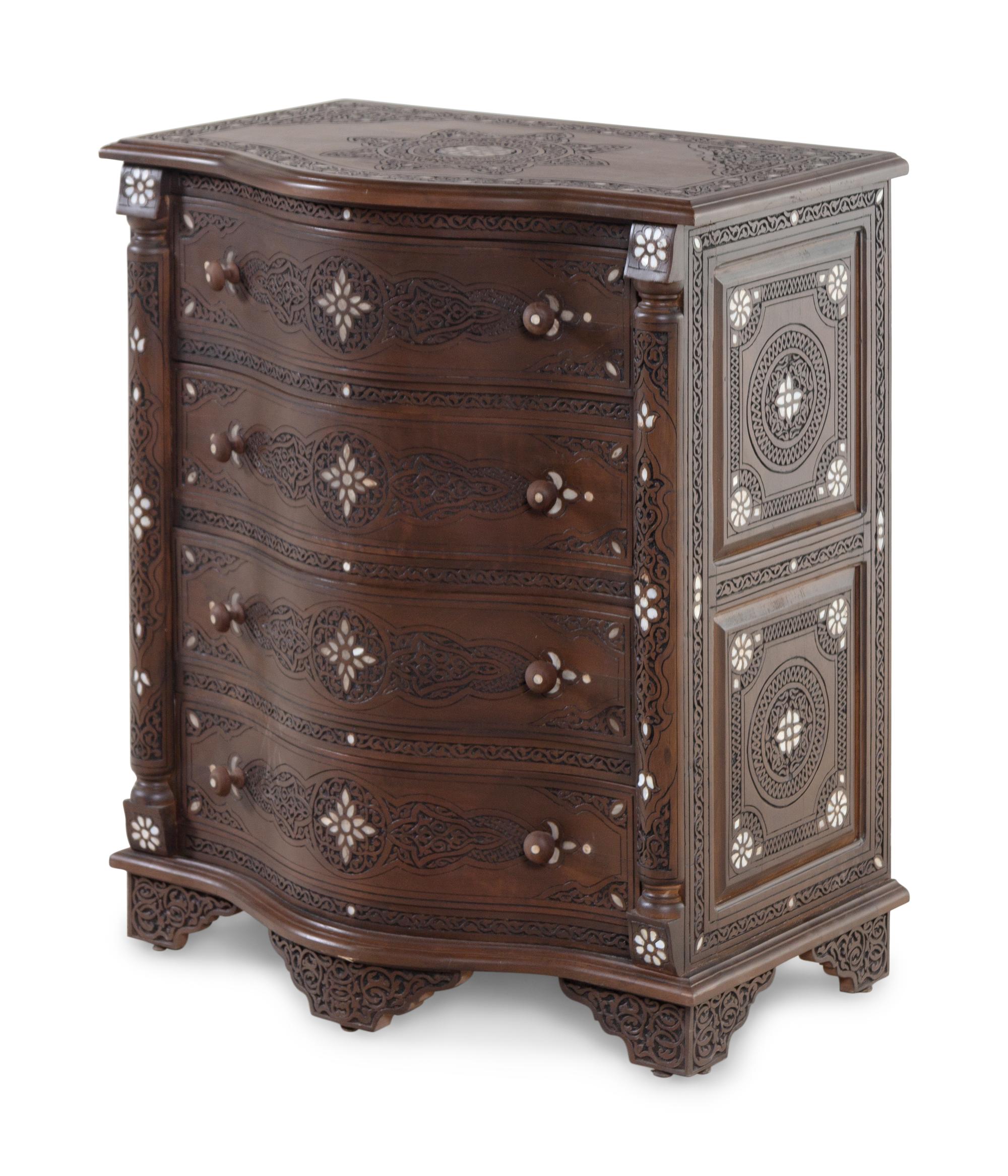 A Syrian Carved Mother-of-Pearl Inlaid Walnut Serpentine Chest of Drawers