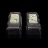 A pair of Chinese jadeite and hardwood scroll weights
