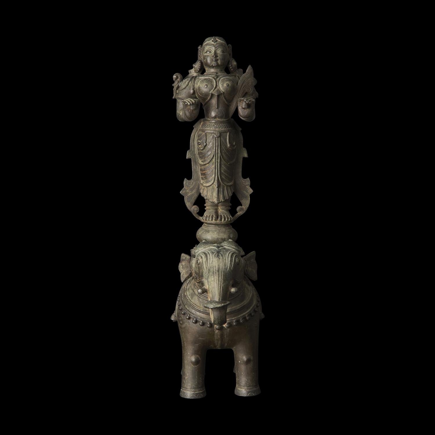 An Indian Bronze Figure of Lakshmi on Elephant, Probably Orissa, 19th Century or Earlier 十九世紀或更早 印度青銅吉祥天女騎象