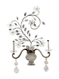 A Pair of Silvered Metal and Rock Crystal Two-Light Sconces in the Style of Maison Baguès