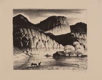 A group of four American prints (Philip Cheney, Sweet Water ; Fred Shane, Farm in the Rockies ; Lynd Ward, The Corral - Tres Cumbres ; Edward A. Wilson, Hog Back Meeting House )