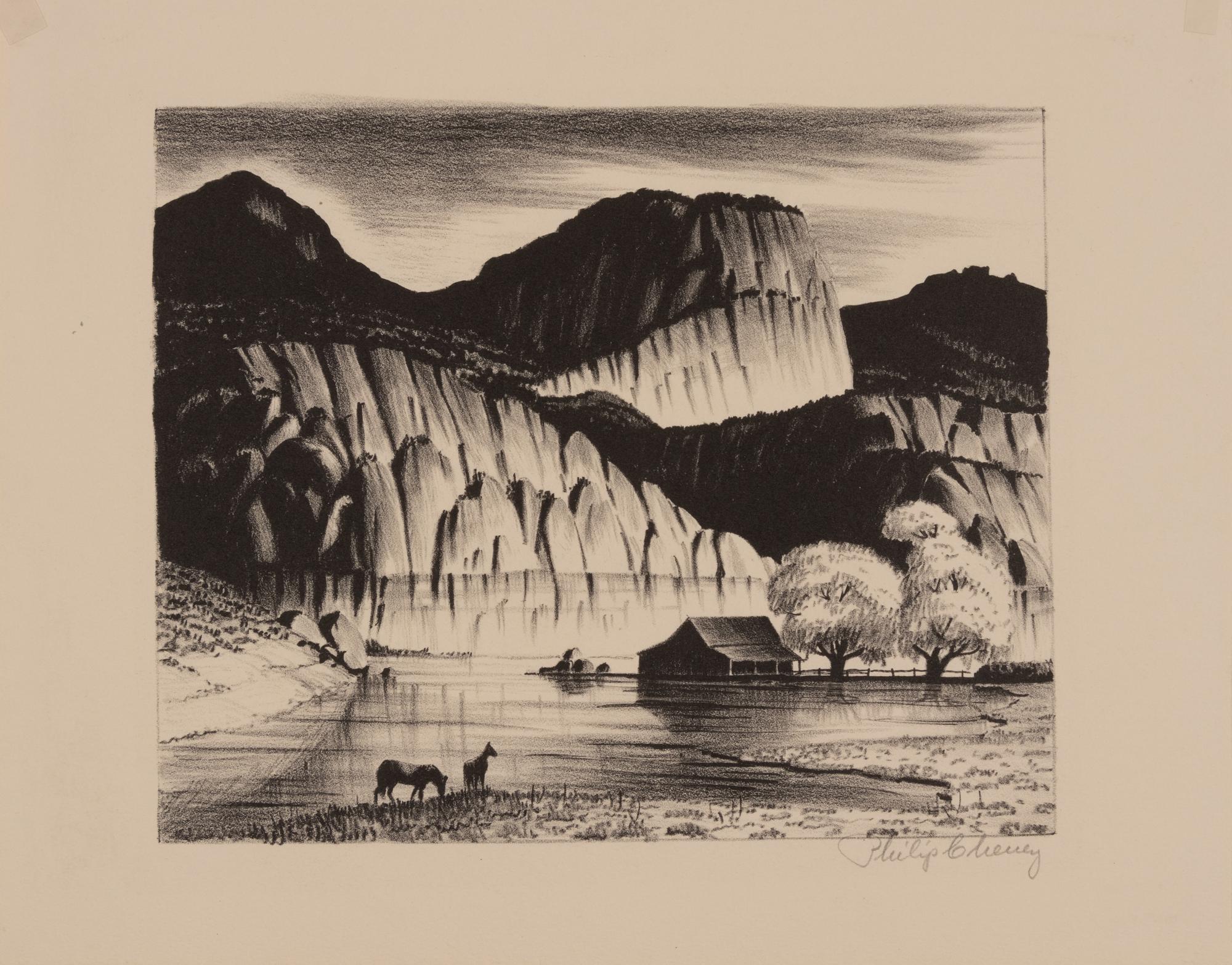 A group of four American prints (Philip Cheney, Sweet Water ; Fred Shane, Farm in the Rockies ; Lynd Ward, The Corral - Tres Cumbres ; Edward A. Wilson, Hog Back Meeting House )