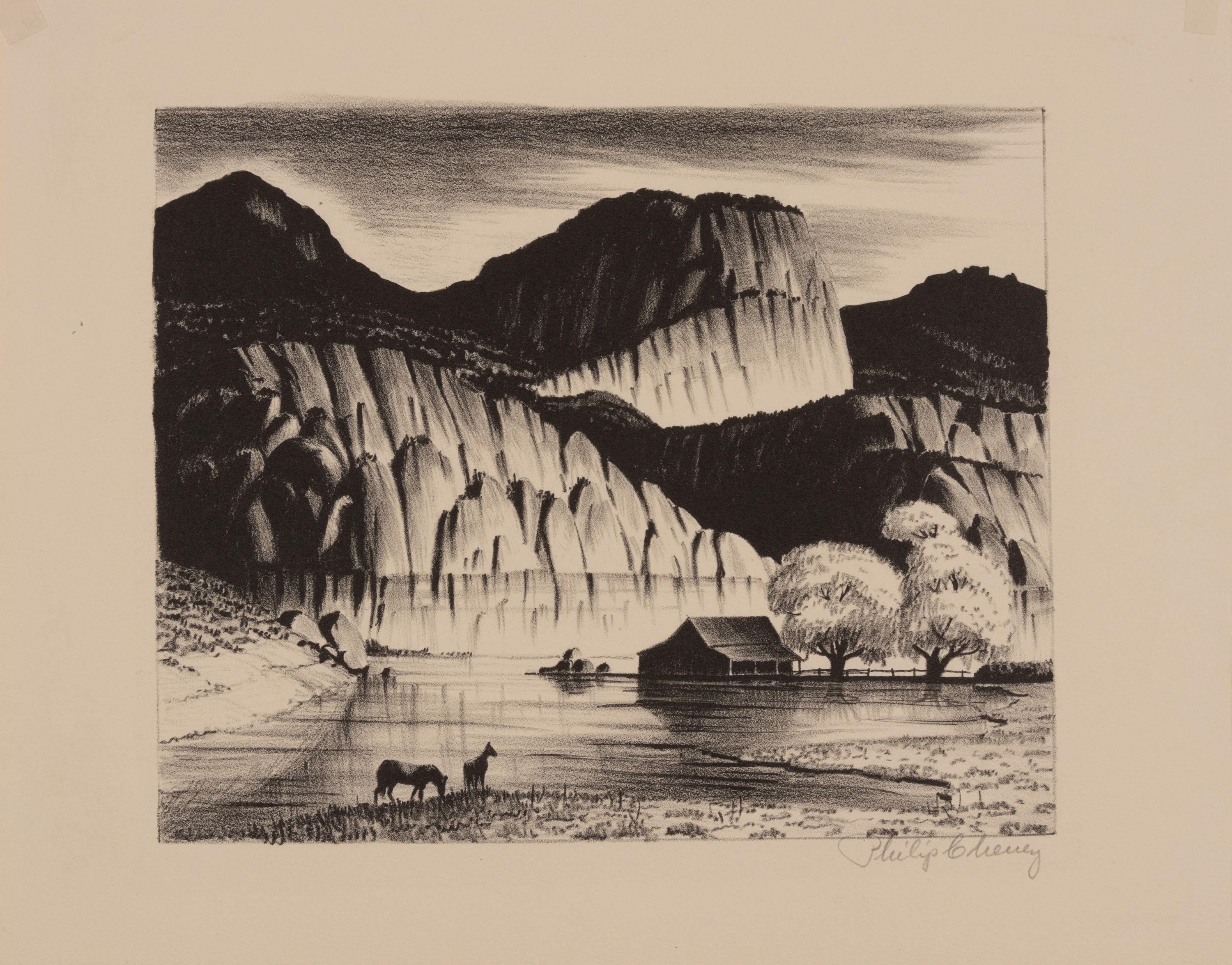 A group of four American prints (Philip Cheney, Sweet Water ; Fred Shane, Farm in the Rockies ; Lynd Ward, The Corral - Tres Cumbres ; Edward A. Wilson, Hog Back Meeting House )