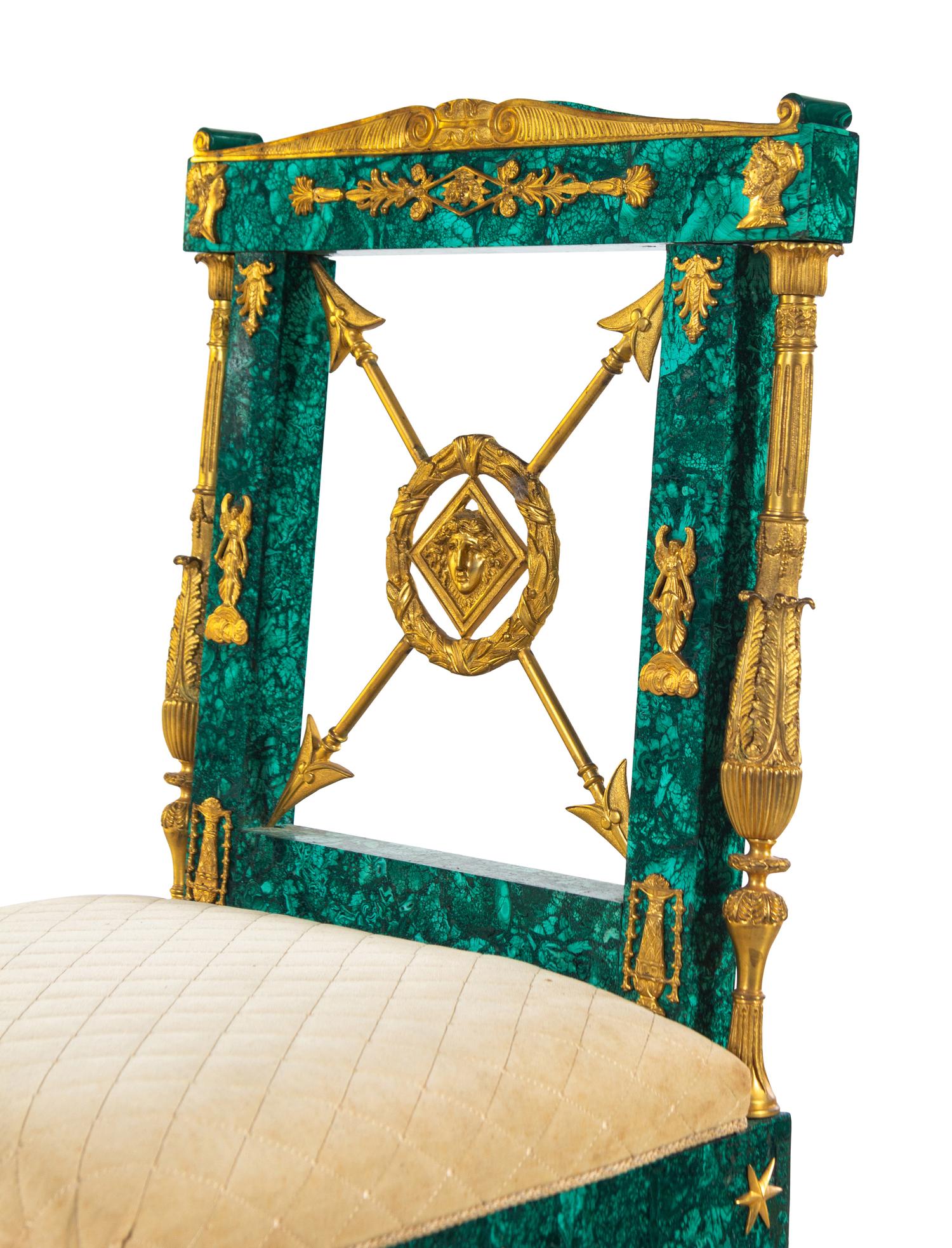 An Empire Style Gilt Bronze Mounted Malachite Side Chair