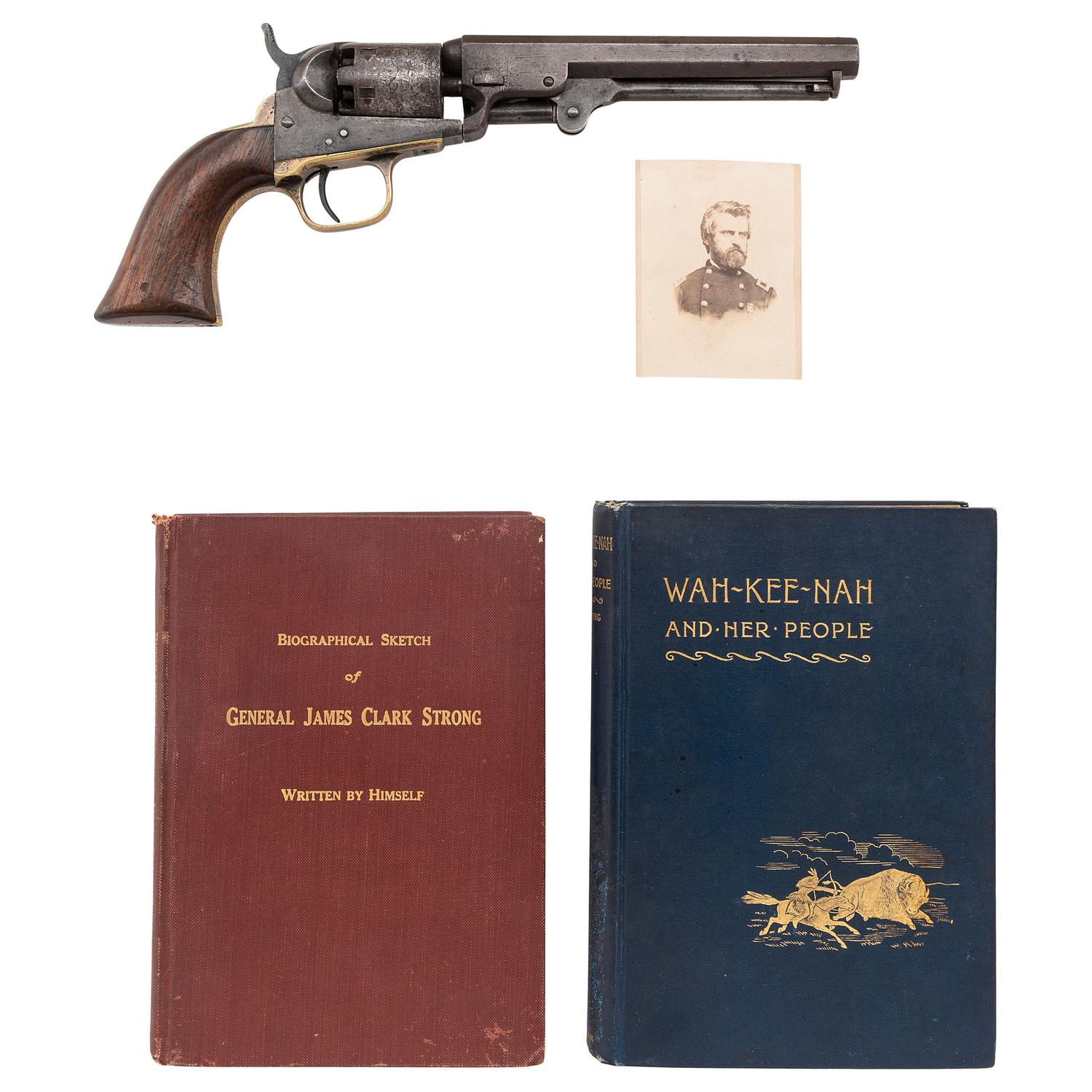 Inscribed Colt Model 1849 Pocket Revolver of Capt. James C. Strong of 21st NY - Wounded at Williamsburg - with some of his letters, published works, and CDV