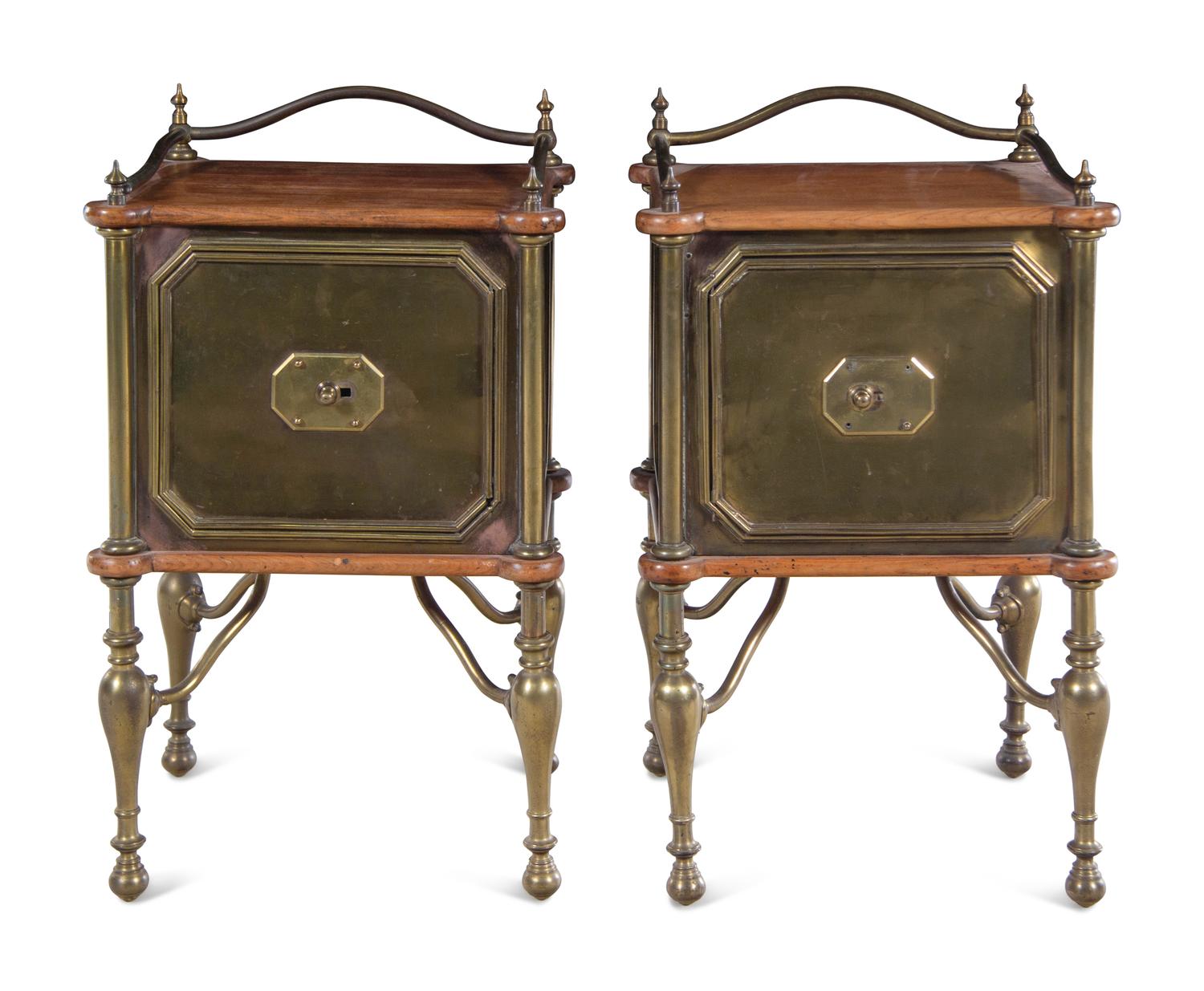 A Pair of Italian Brass and Oak End Tables