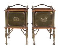 A Pair of Italian Brass and Oak End Tables