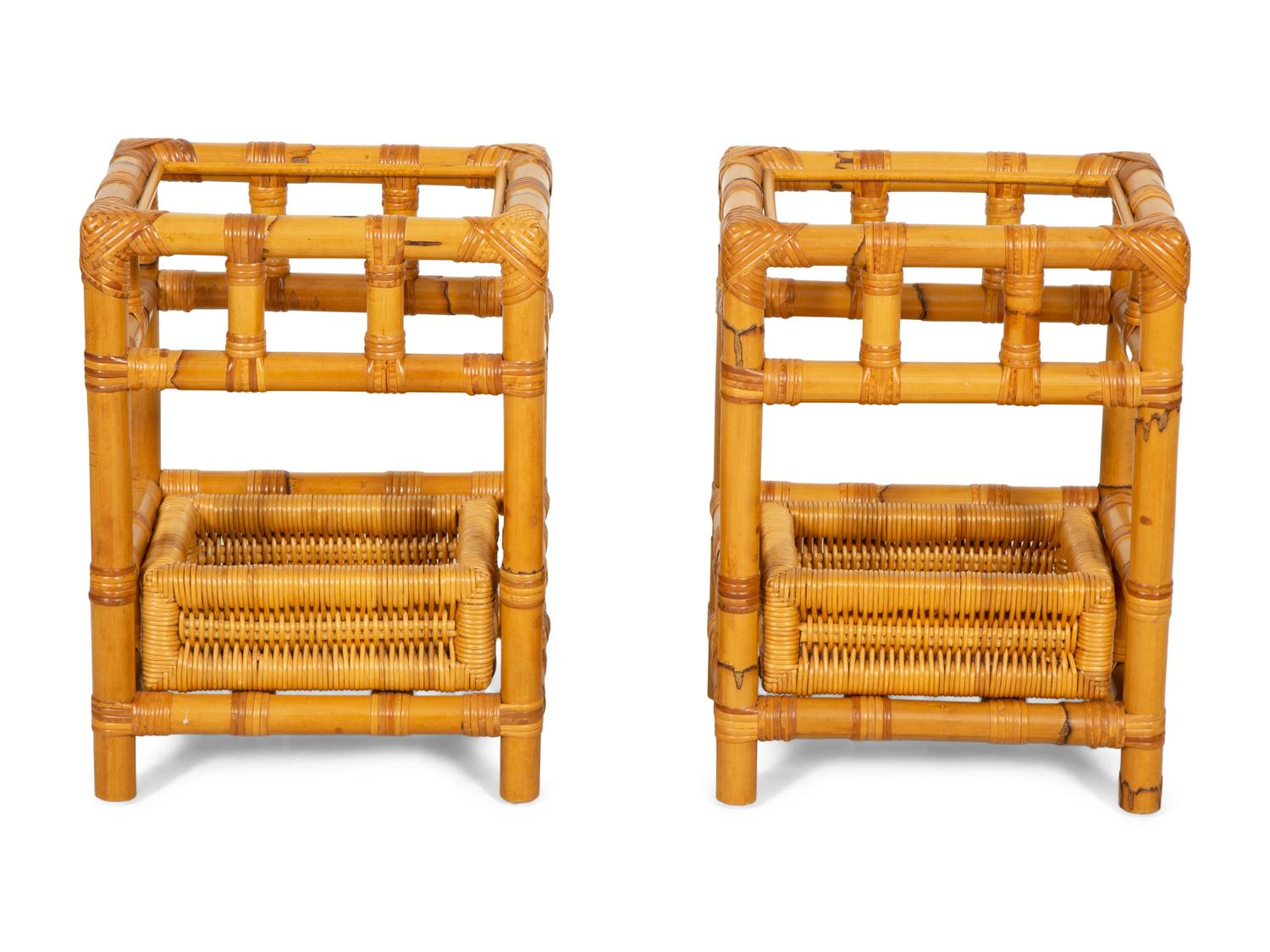 A Bielecky Brothers Rattan Settee with Two End Tables and a Pair of Ottomans