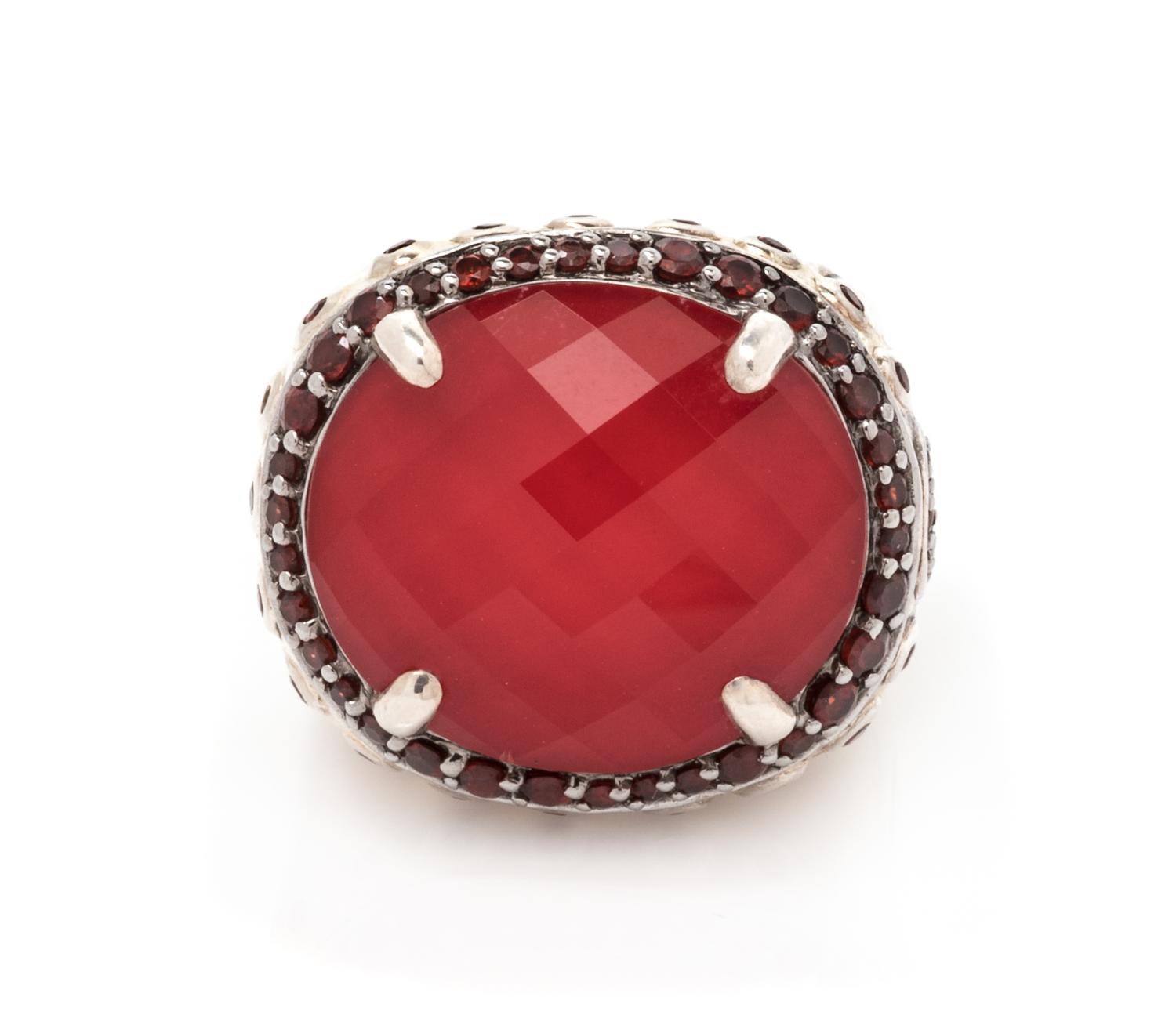 A Sterling Silver, Coral and White Quartz Doublet and Garnet 'Batu Bamboo' Ring, John Hardy, 12.20 dwts.