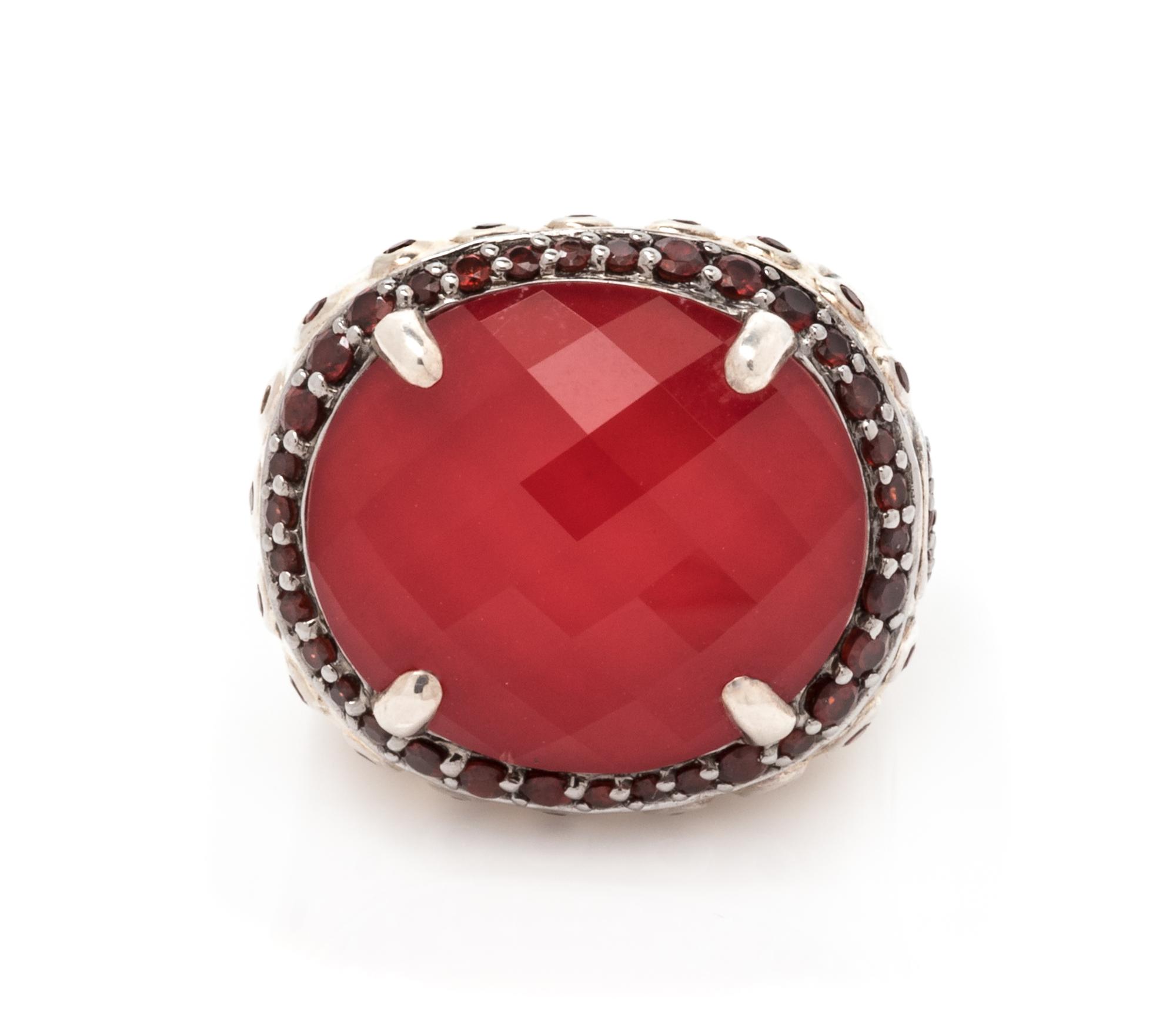 A Sterling Silver, Coral and White Quartz Doublet and Garnet 'Batu Bamboo' Ring, John Hardy, 12.20 dwts.