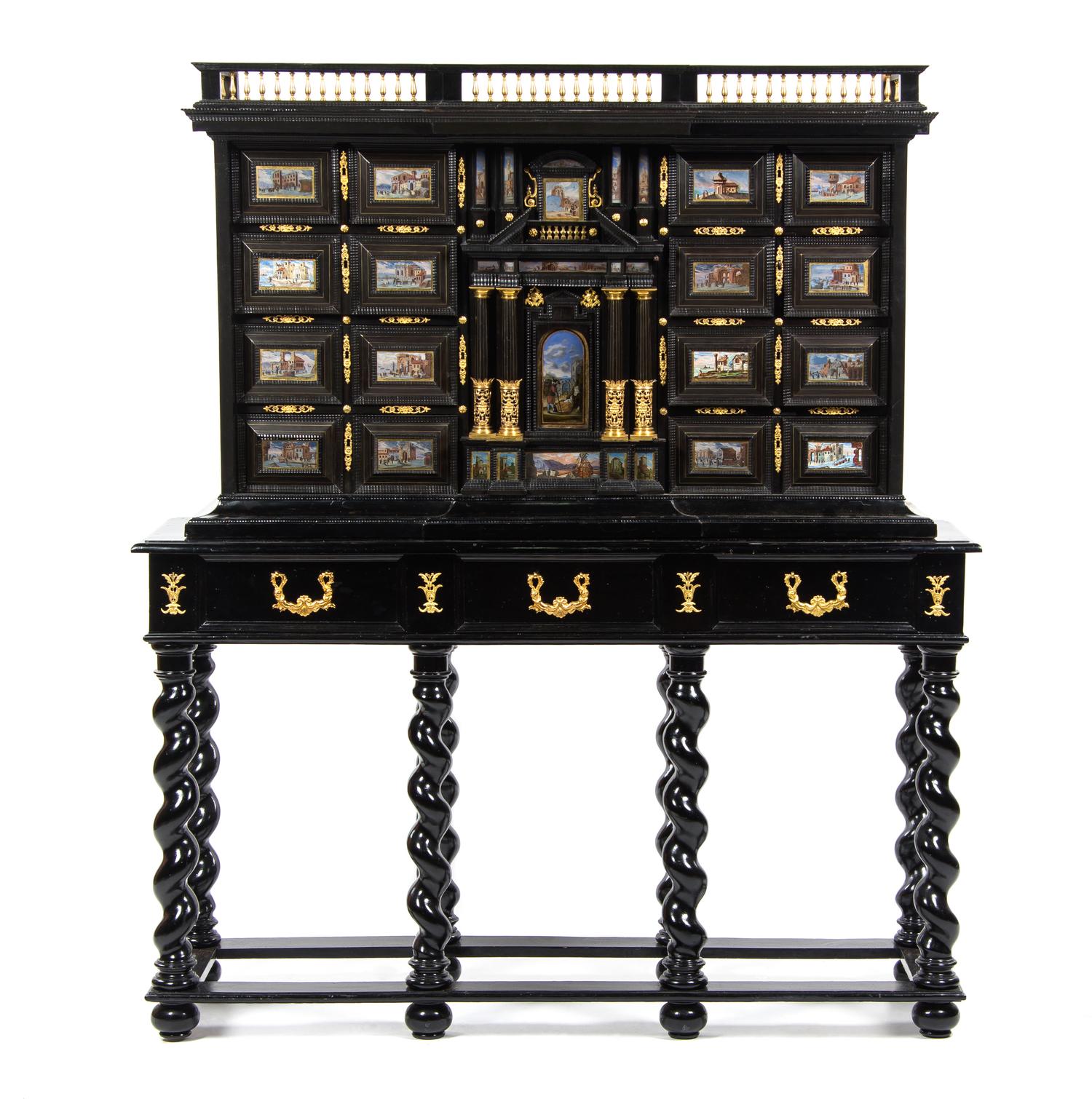 An Italian Baroque Eglomise Inset and Gilt Bronze Mounted Ebony Cabinet on Stand, LATE 17TH CENTURY, Height 73 1/2 x width 63 5/8 x dep — LATE 17TH CENTURY AND LATER,