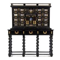 An Italian Baroque Eglomise Inset and Gilt Bronze Mounted Ebony Cabinet on Stand, LATE 17TH CENTURY, Height 73 1/2 x width 63 5/8 x dep — LATE 17TH CENTURY AND LATER,