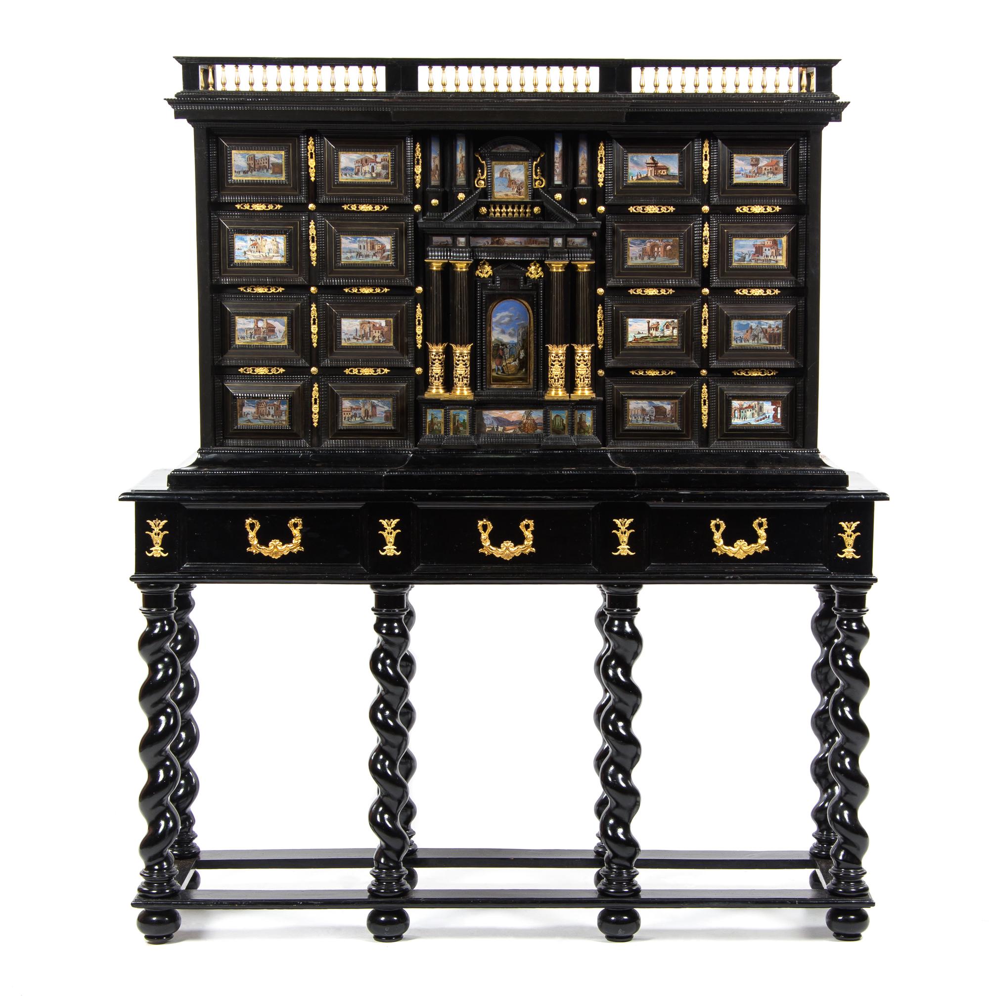 An Italian Baroque Eglomise Inset and Gilt Bronze Mounted Ebony Cabinet on Stand, LATE 17TH CENTURY, Height 73 1/2 x width 63 5/8 x dep — LATE 17TH CENTURY AND LATER,