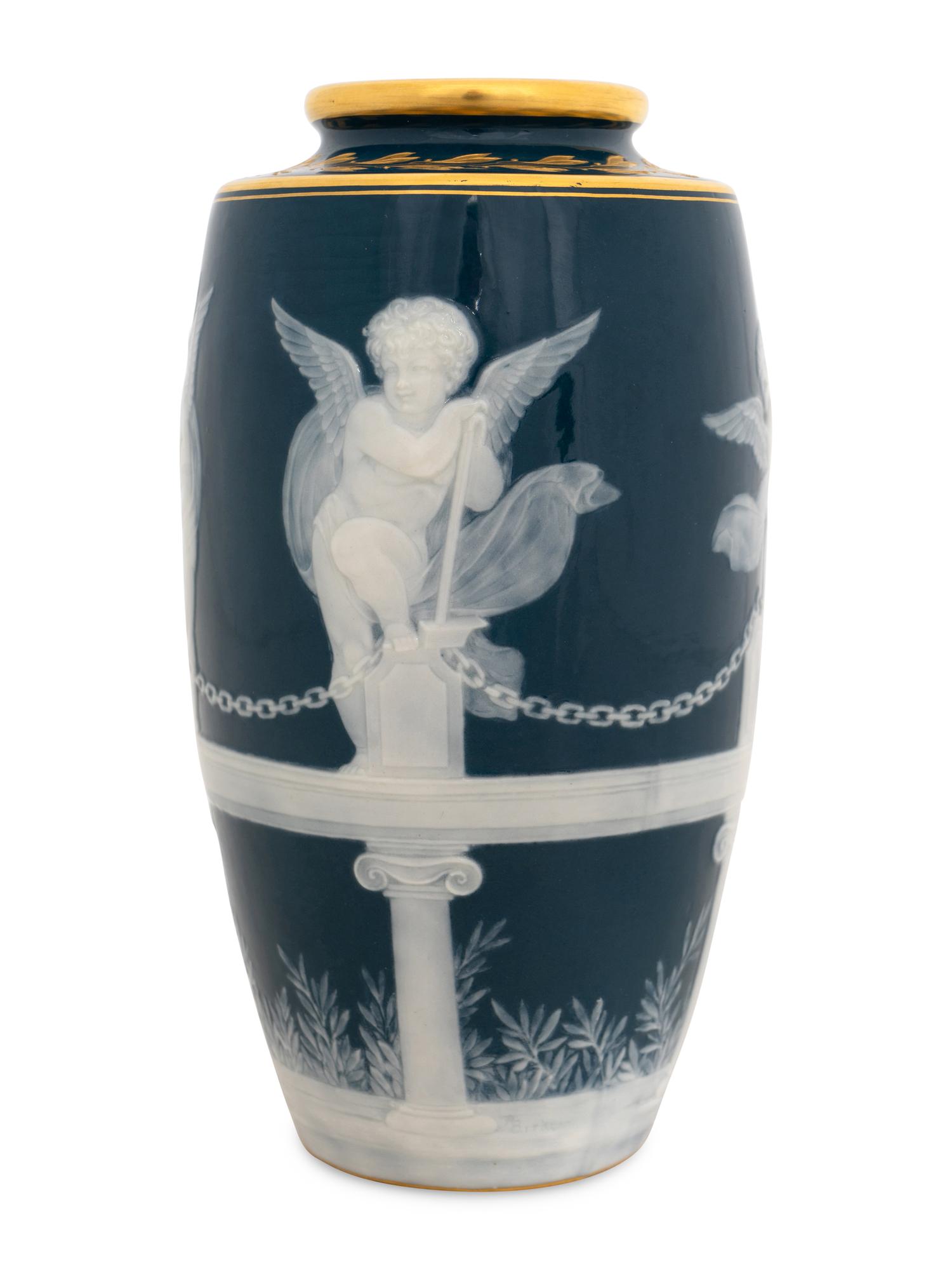 A Mintons Pâte-sur-Pâte Peacock Blue-Ground Vase